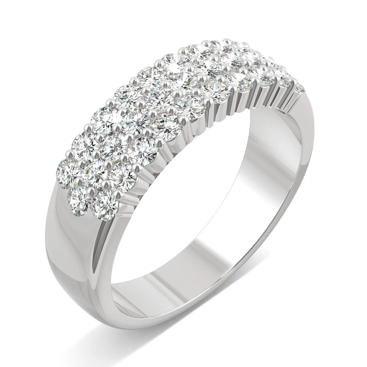 0.93 CTW DEW Round Moissanite Three Row Ring in 14K White Gold