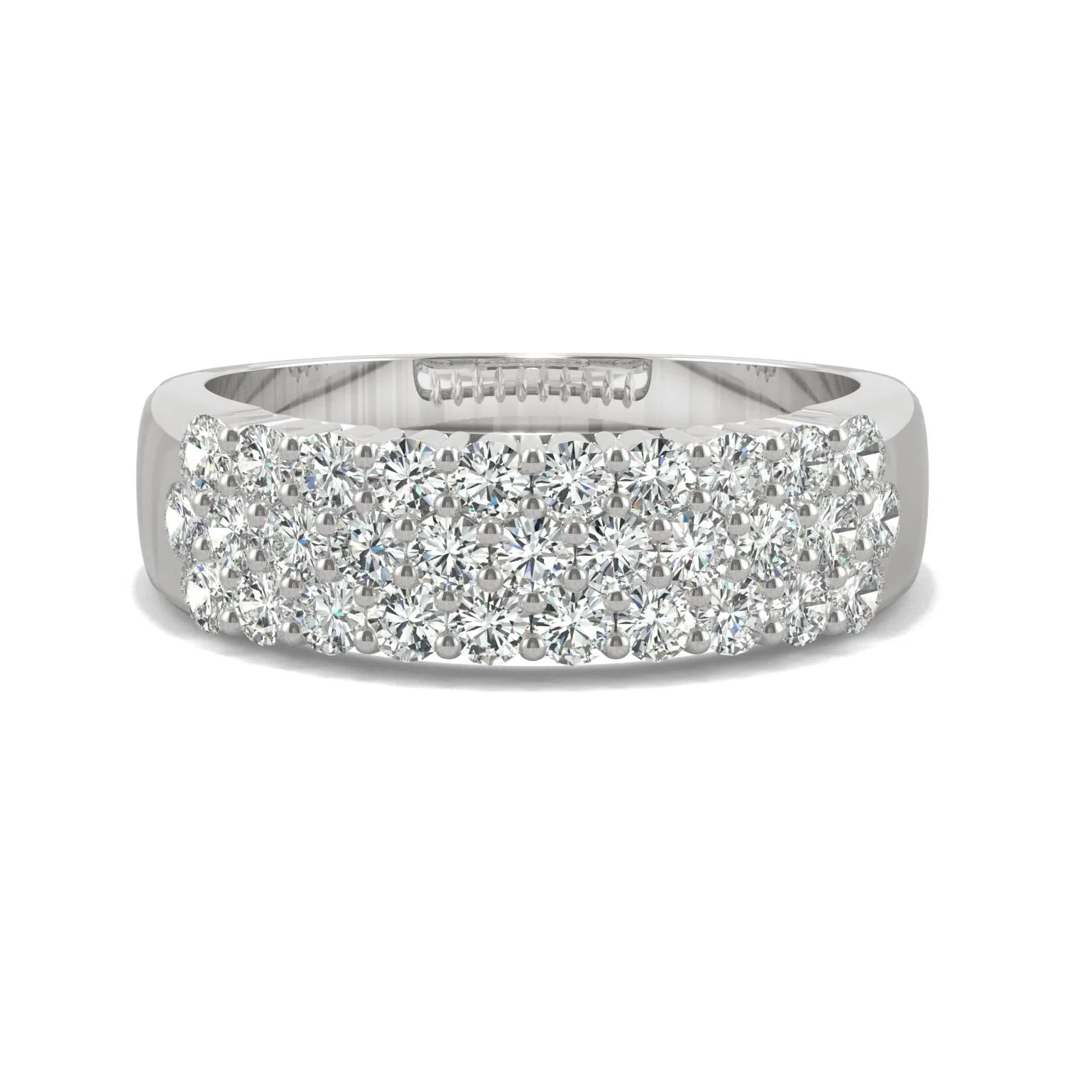 0.93 CTW DEW Round Moissanite Three Row Ring in 14K White Gold
