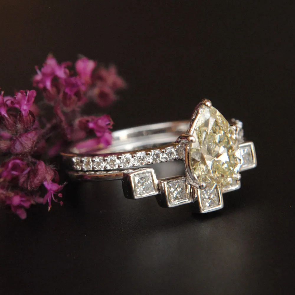 1 Carat Pear Diamond Engagement Ring with Marquise Diamond Curved Stack Wedding Band