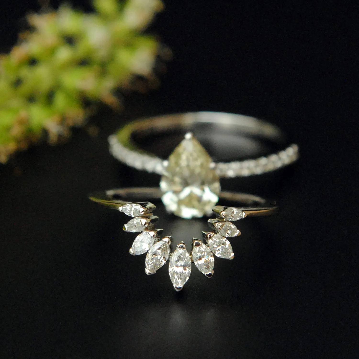 1 Carat Pear Diamond Engagement Ring with Marquise Diamond Curved Stack Wedding Band