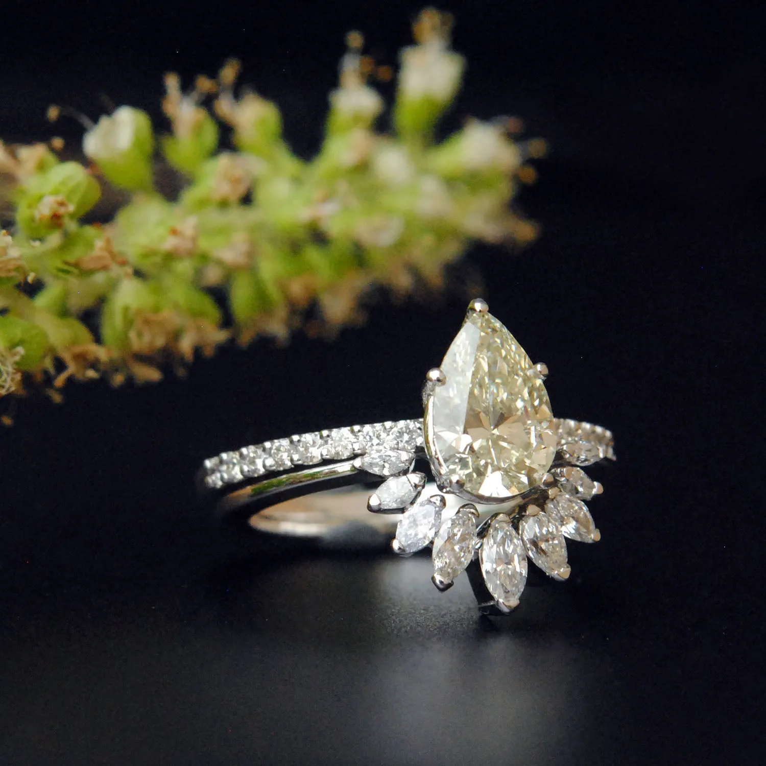 1 Carat Pear Diamond Engagement Ring with Marquise Diamond Curved Stack Wedding Band