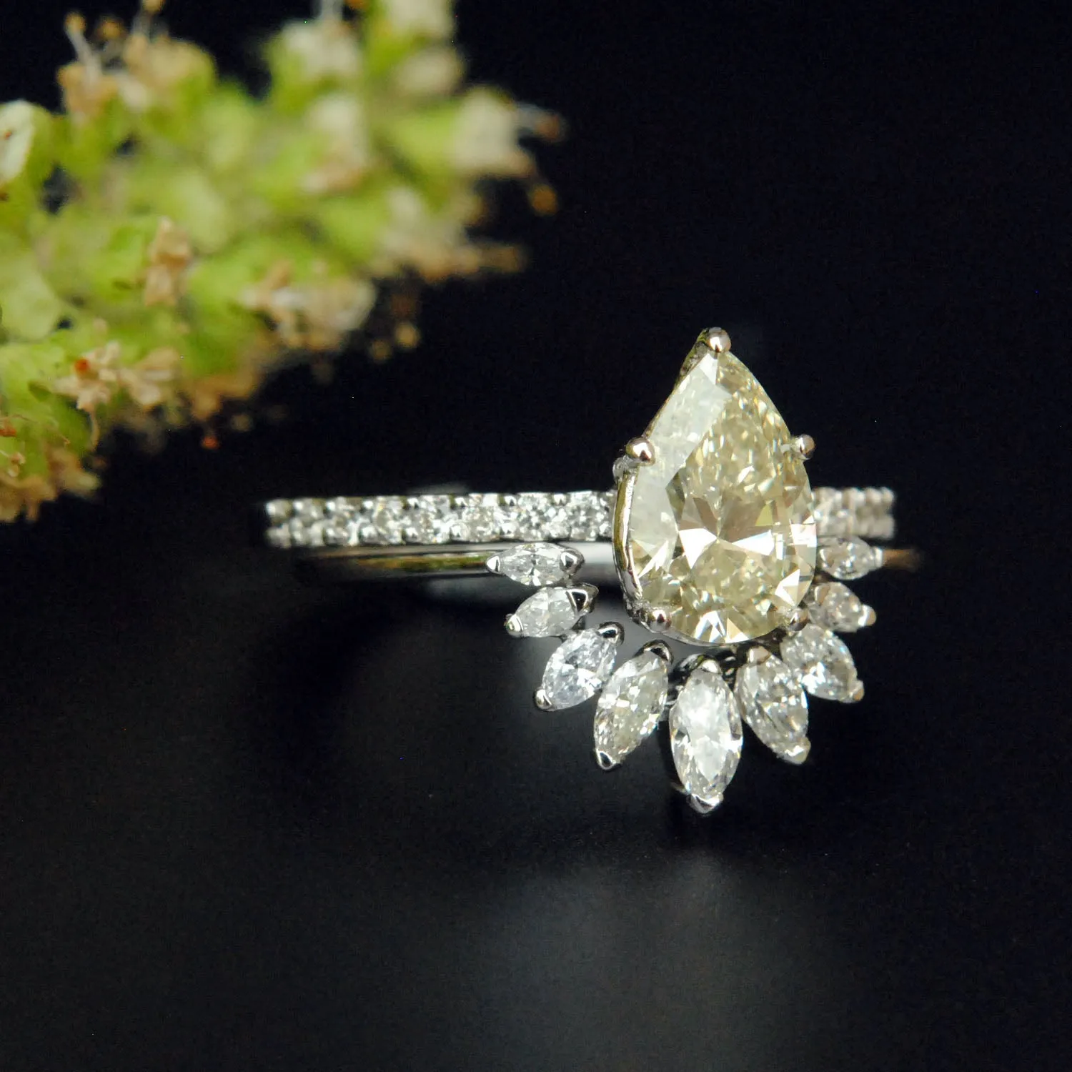 1 Carat Pear Diamond Engagement Ring with Marquise Diamond Curved Stack Wedding Band