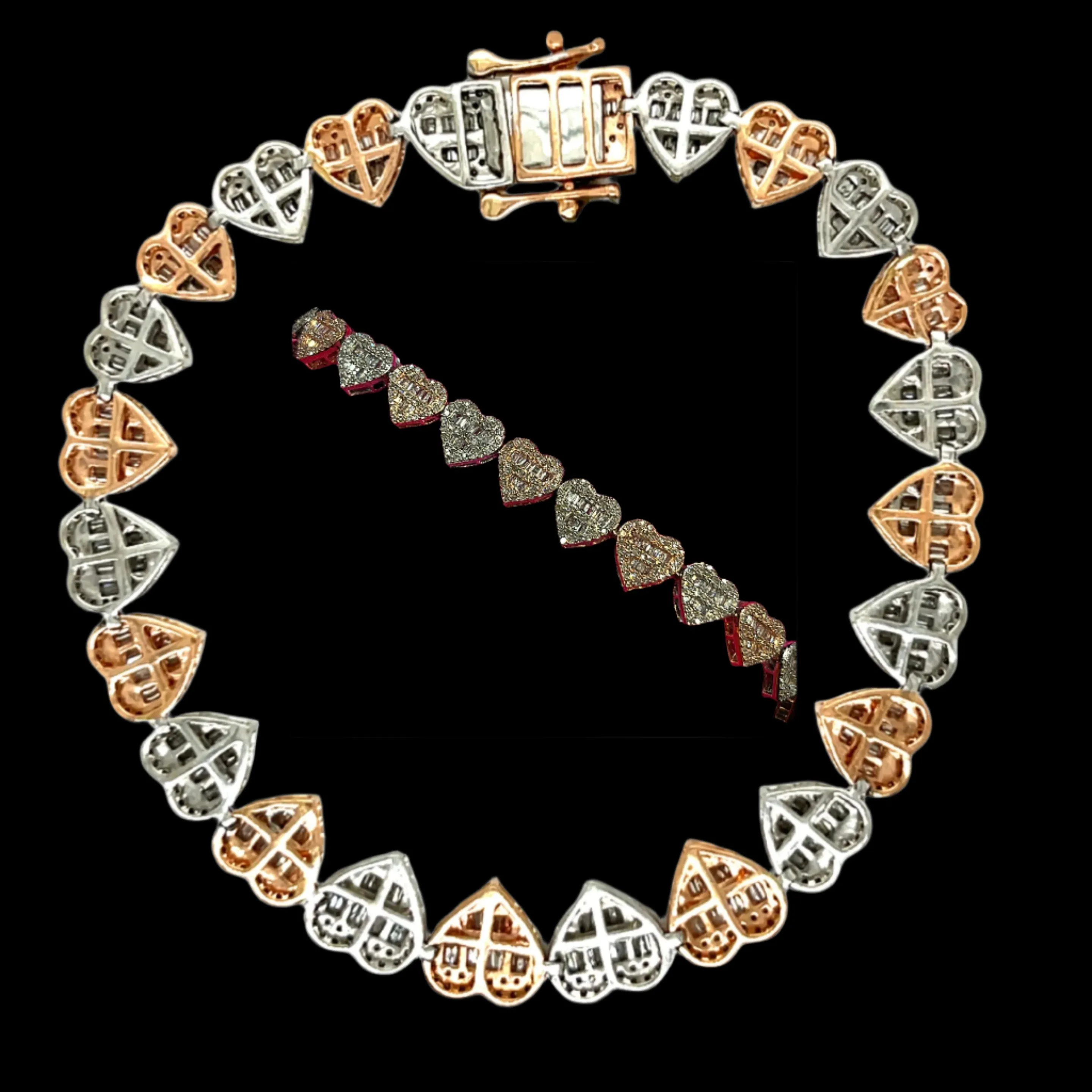 10K Gold Multi-Color 9mm Hearts Link Natural Diamond Baguette Bracelet - SBR20574