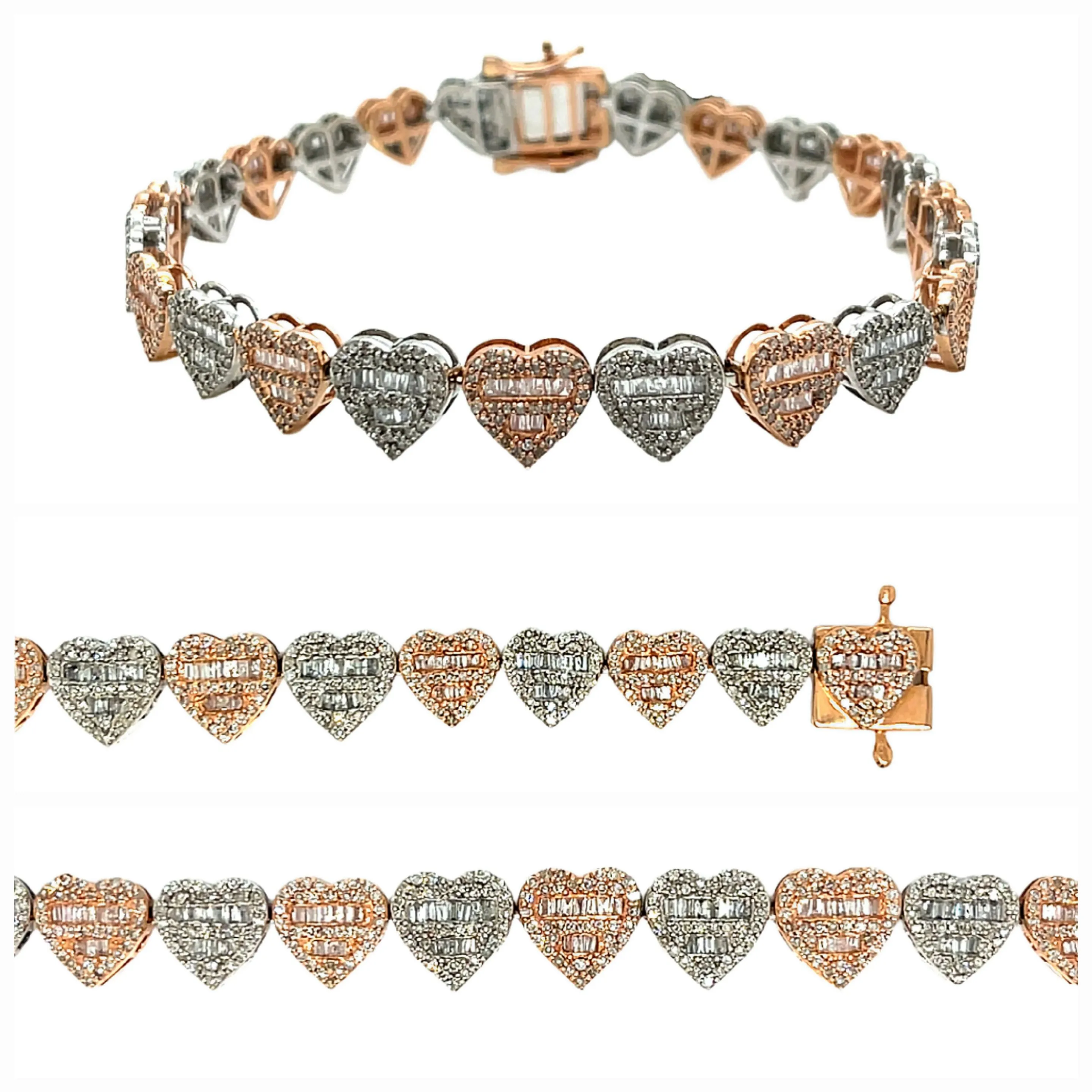 10K Gold Multi-Color 9mm Hearts Link Natural Diamond Baguette Bracelet - SBR20574