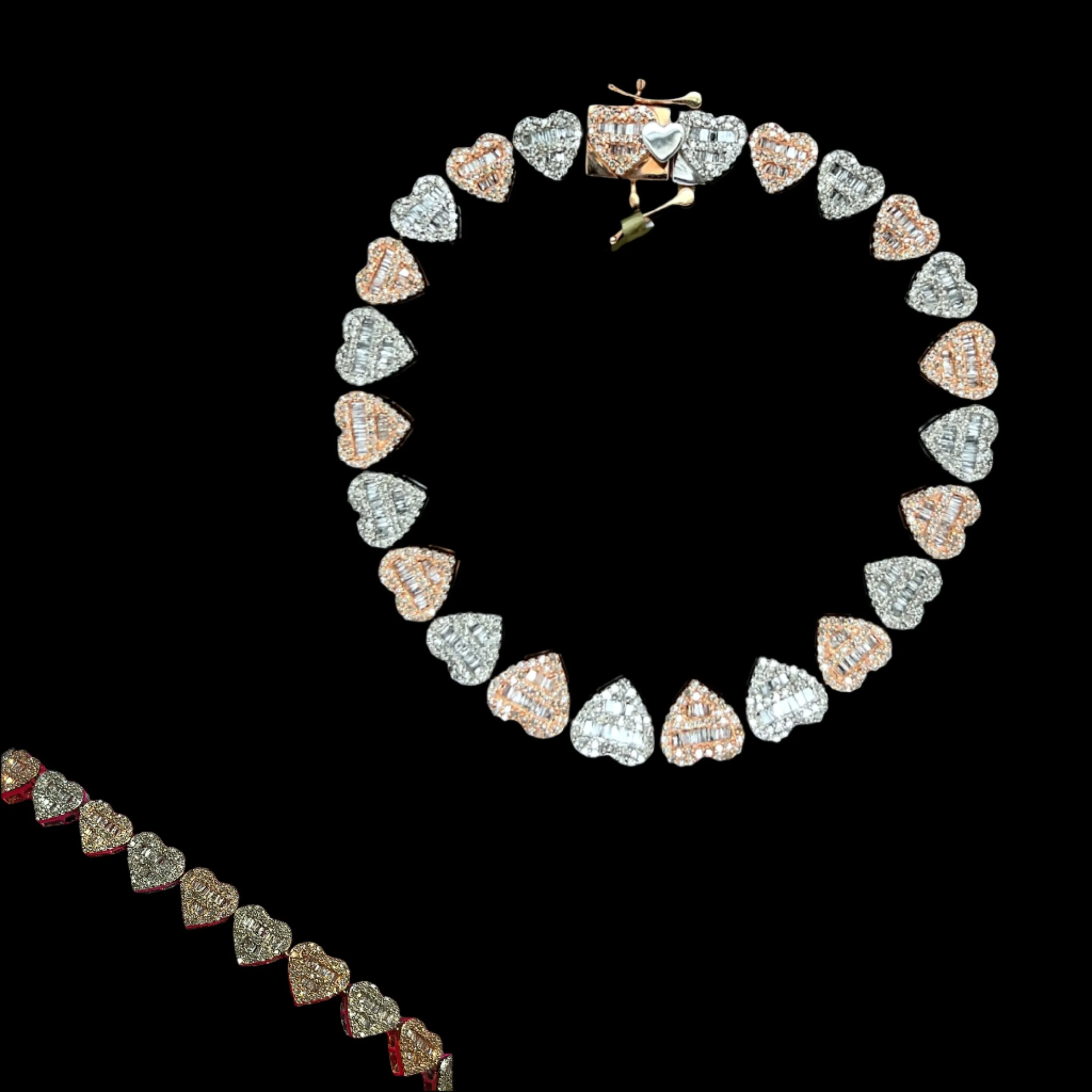 10K Gold Multi-Color 9mm Hearts Link Natural Diamond Baguette Bracelet - SBR20574