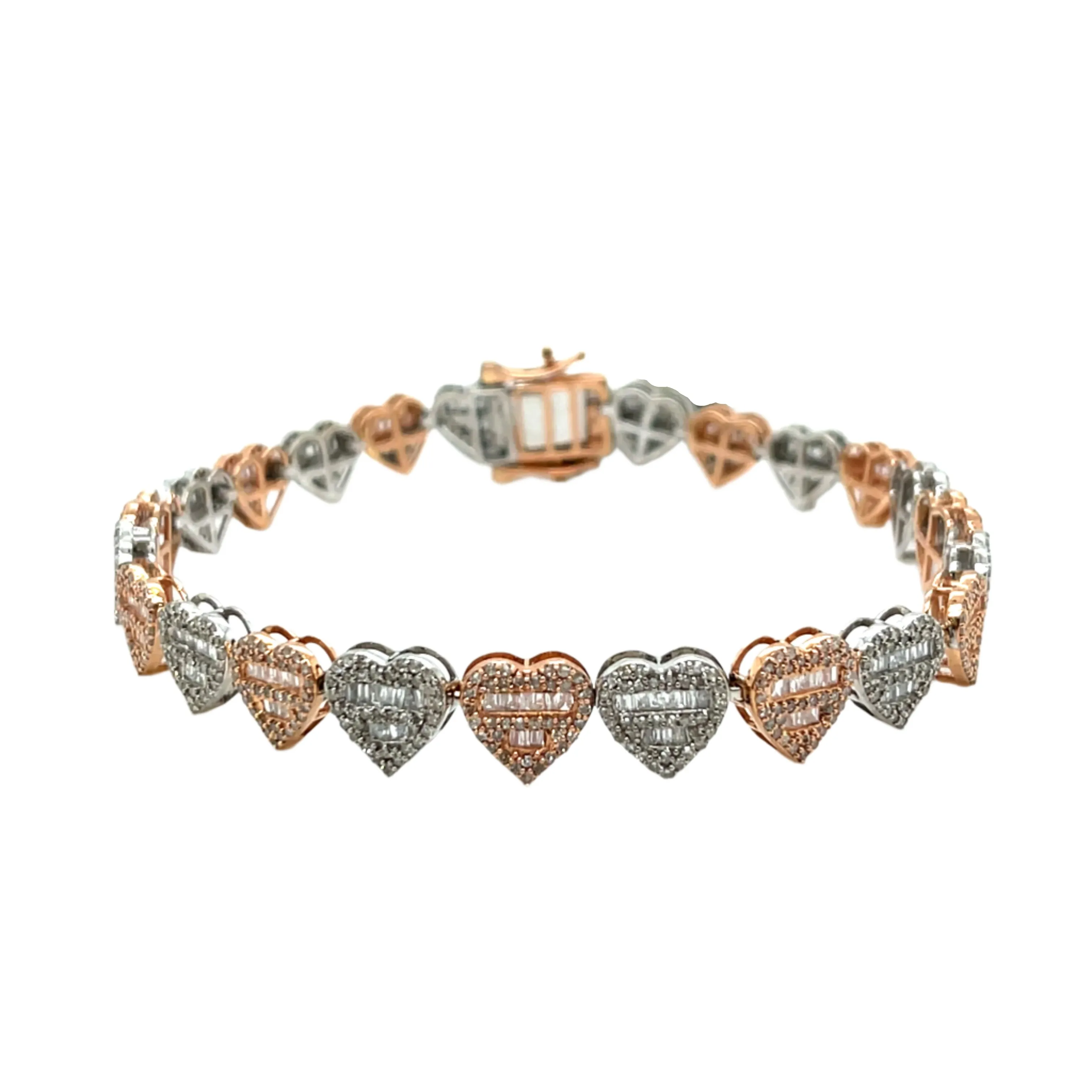 10K Gold Multi-Color 9mm Hearts Link Natural Diamond Baguette Bracelet - SBR20574