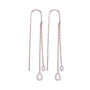 10K Rose Gold Round Diamond Double Teardrop Dangle Threader Earrings 1/8 Cttw