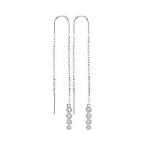 10K White Gold Round Bezel-set Diamond Dangle Threader Earrings 1/12 Cttw