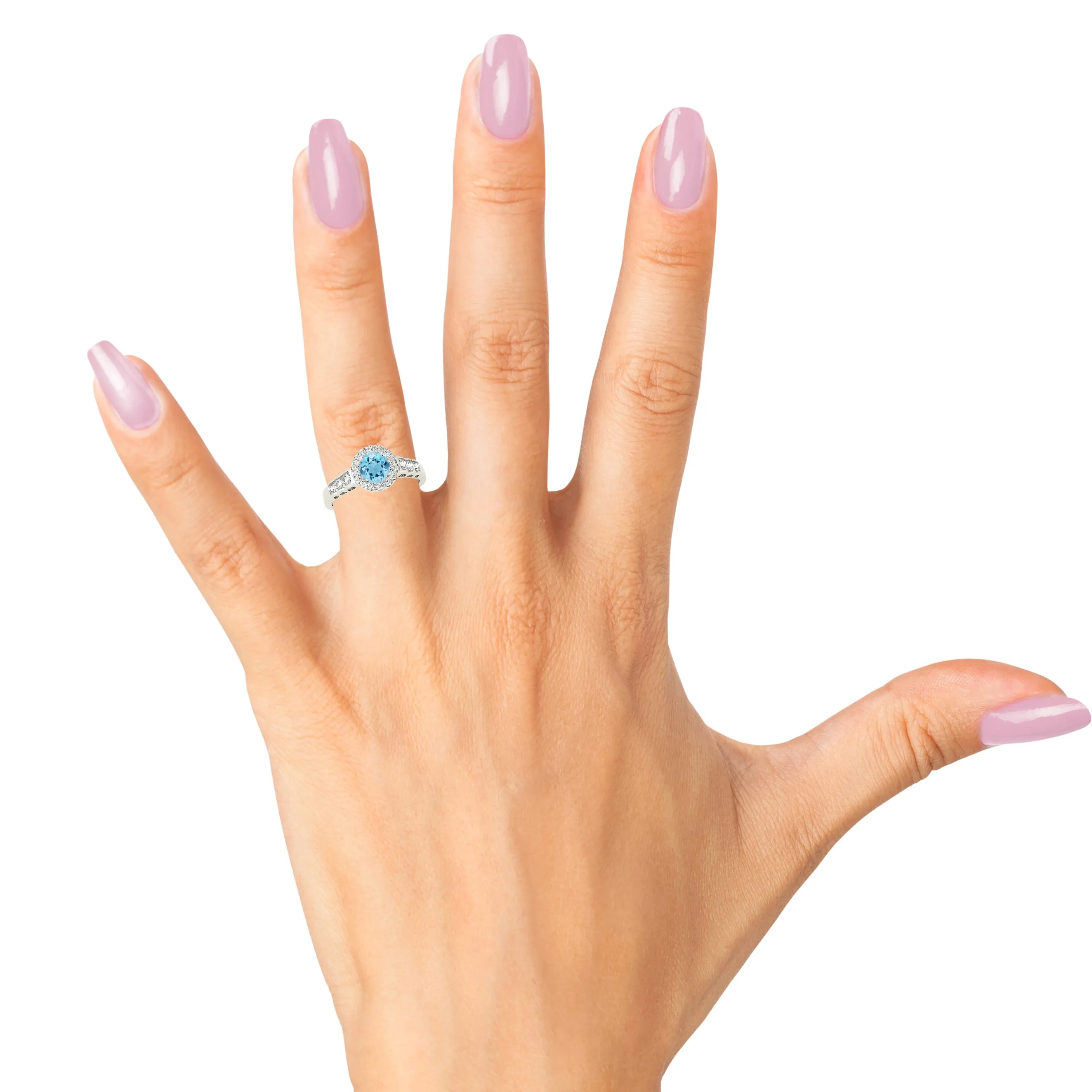 1.10 ct. Genuine Aquamarine Ring With Halo, Open Leaf Shape Design Sides