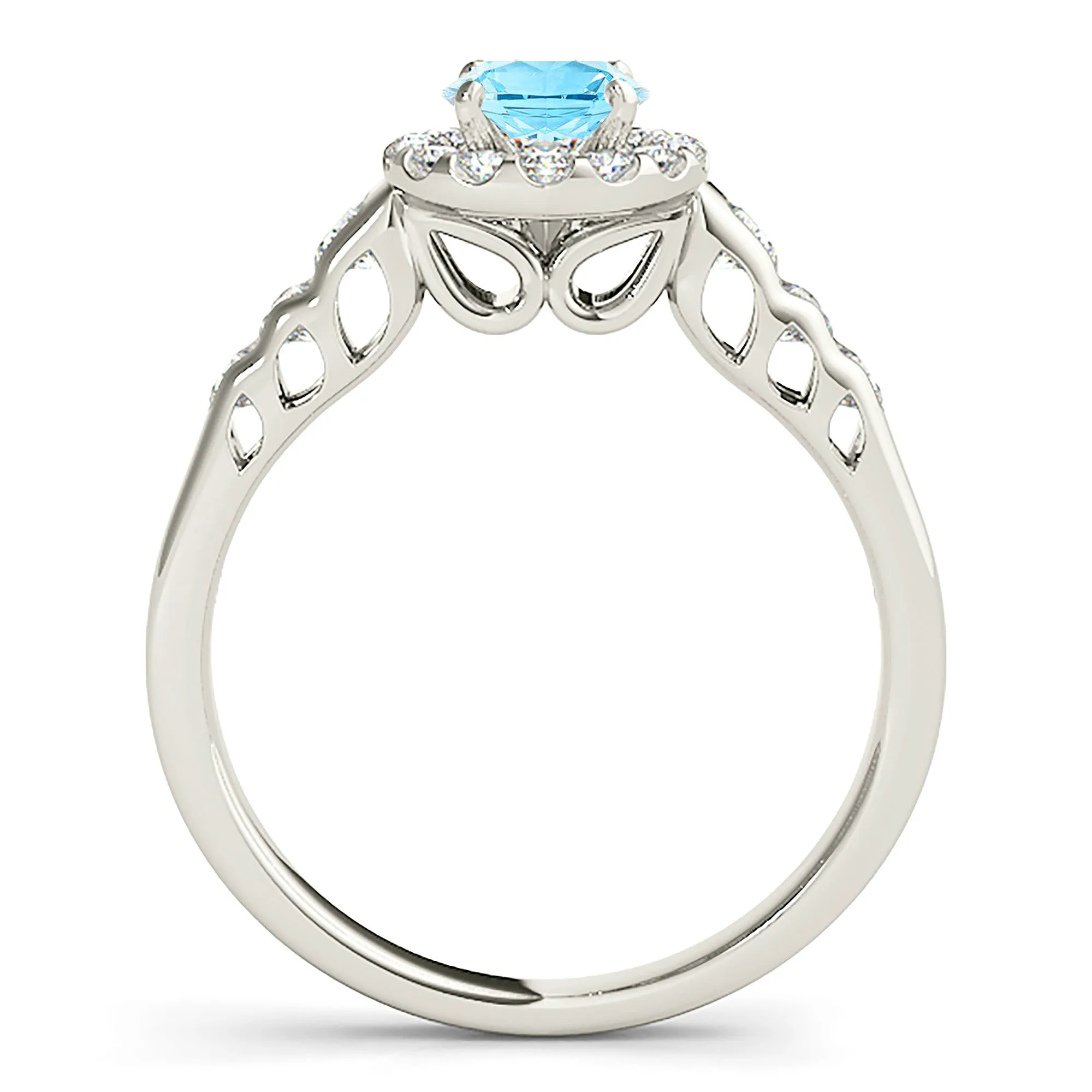 1.10 ct. Genuine Aquamarine Ring With Halo, Open Leaf Shape Design Sides