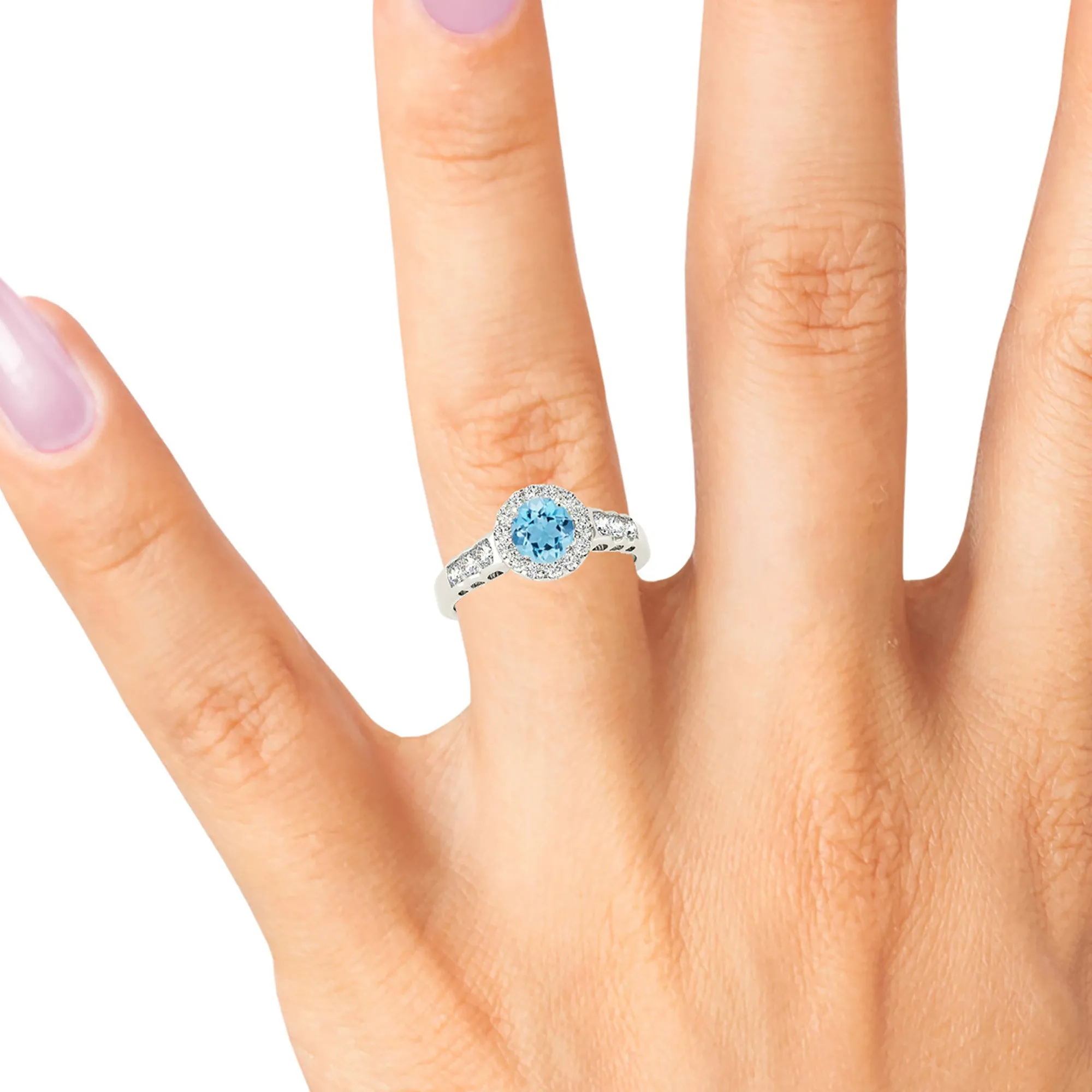 1.10 ct. Genuine Aquamarine Ring With Halo, Open Leaf Shape Design Sides