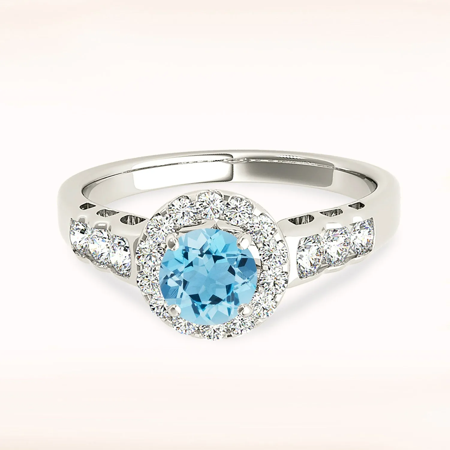 1.10 ct. Genuine Aquamarine Ring With Halo, Open Leaf Shape Design Sides