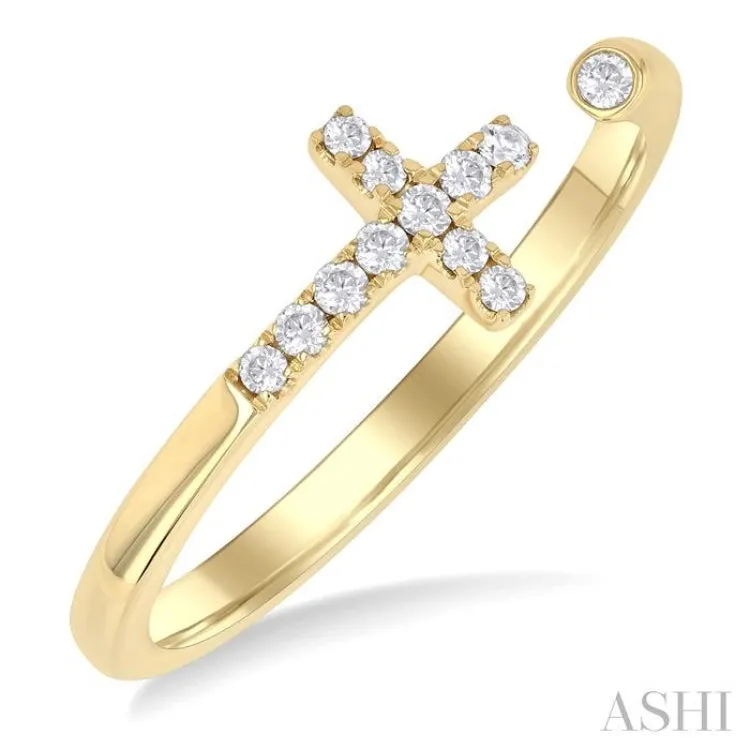 1/10 ctw Petite Cross Round Cut Diamond Open Fashion Ring in 10K Yellow Gold