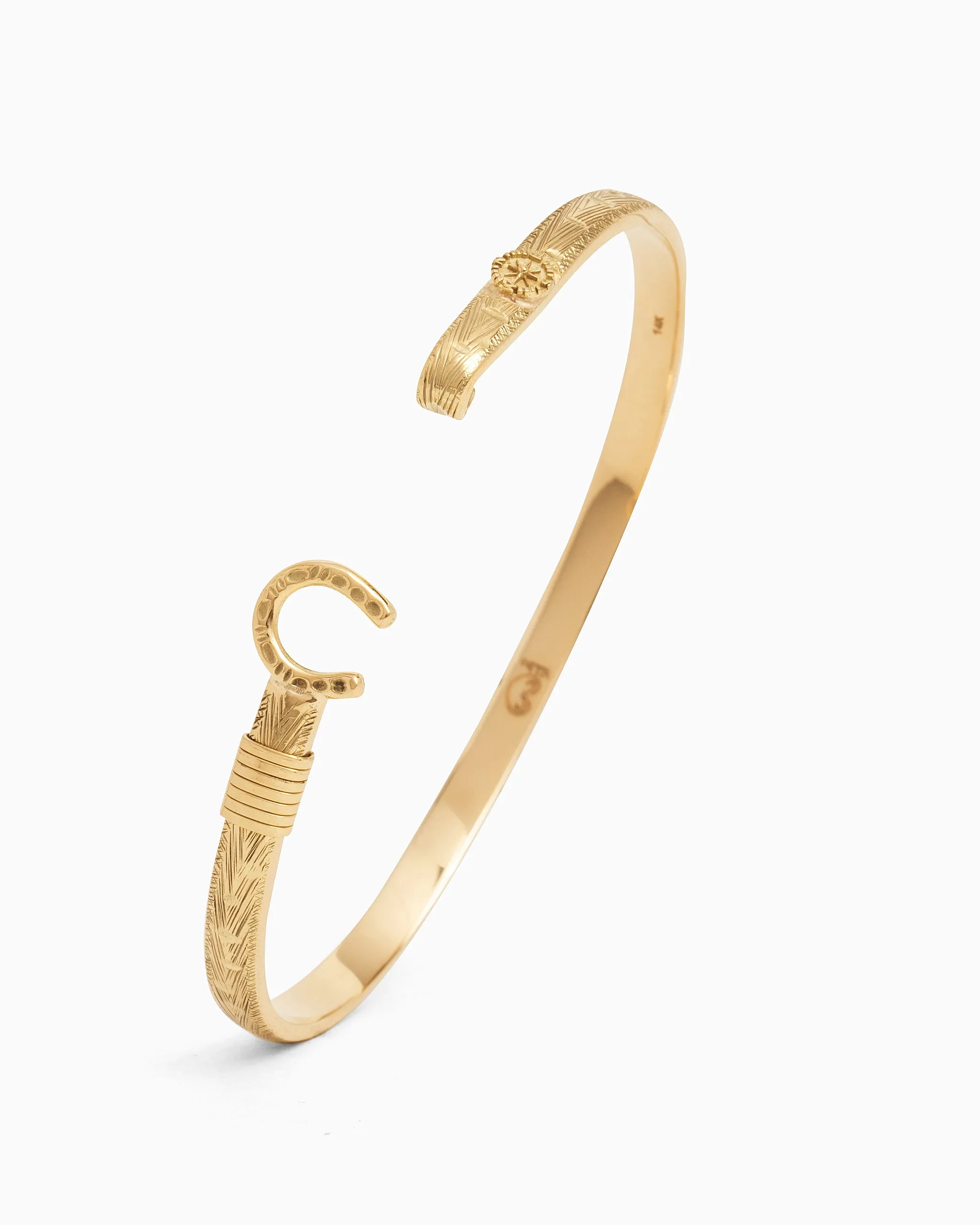 14K Gold Marine Texture Hook Bracelet with Compass, 5mm
