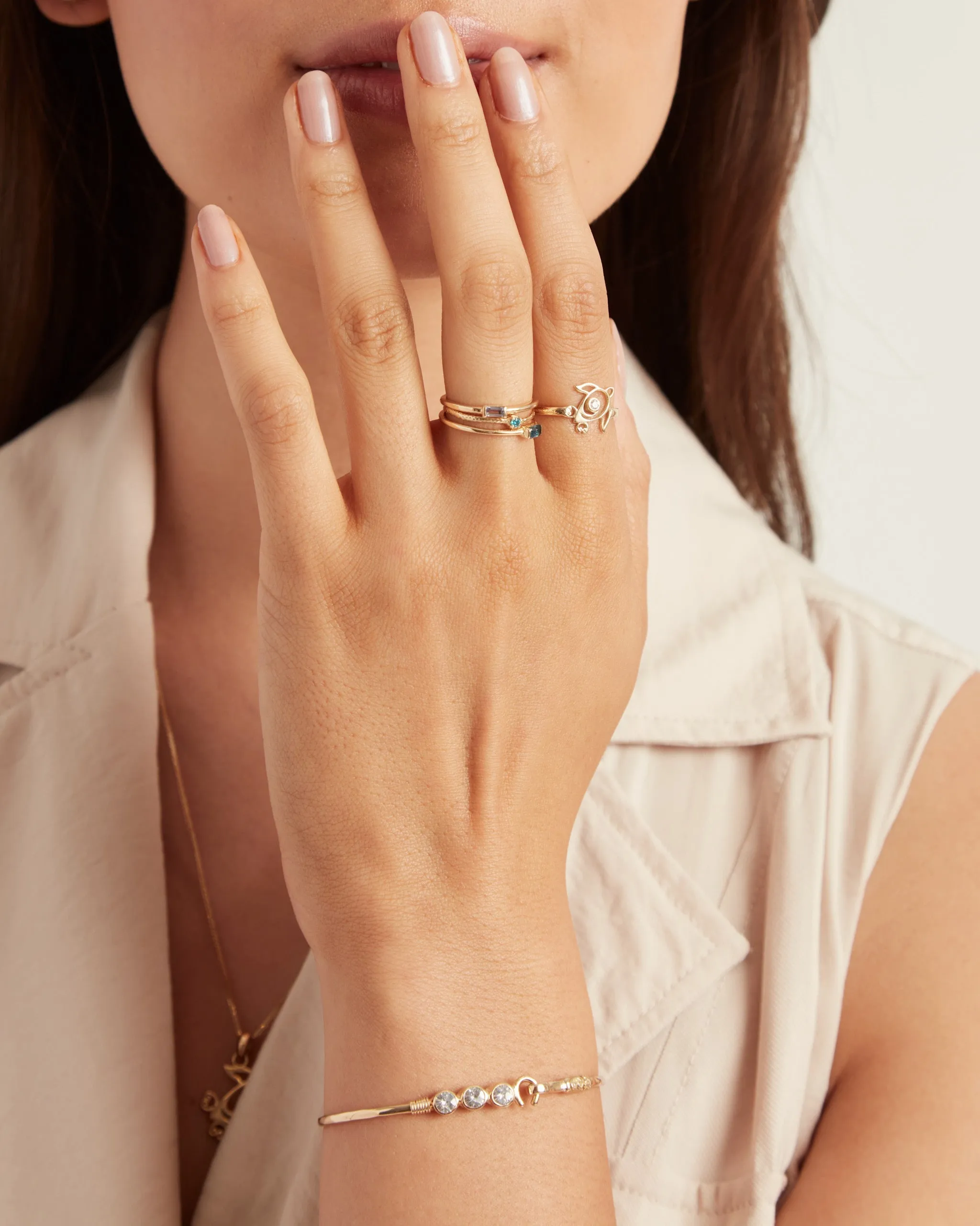 14K Gold The Hook Bracelet with Triple Stones, 2mm