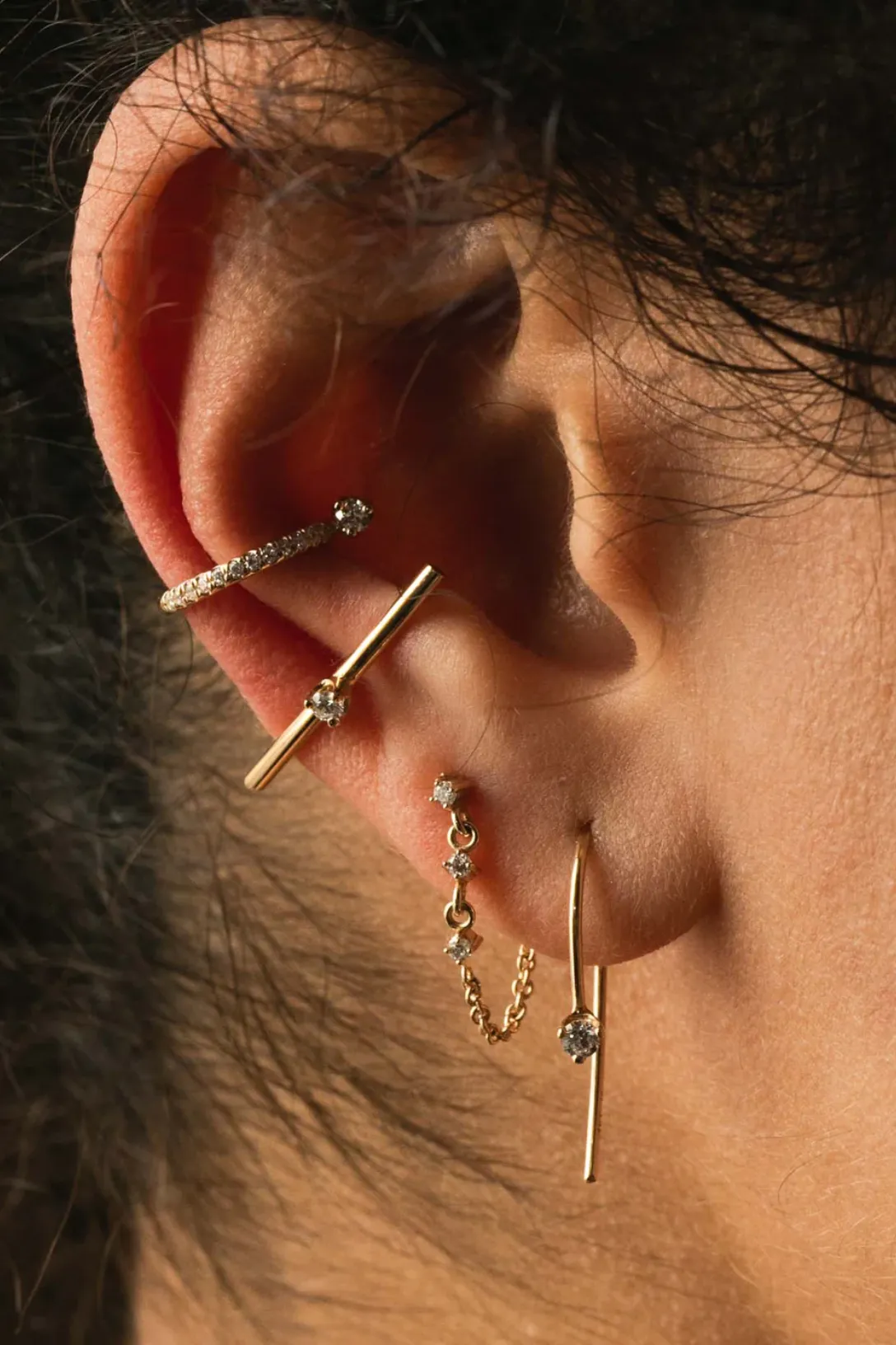 14k Prong Diamond Short Wire Threader Earrings