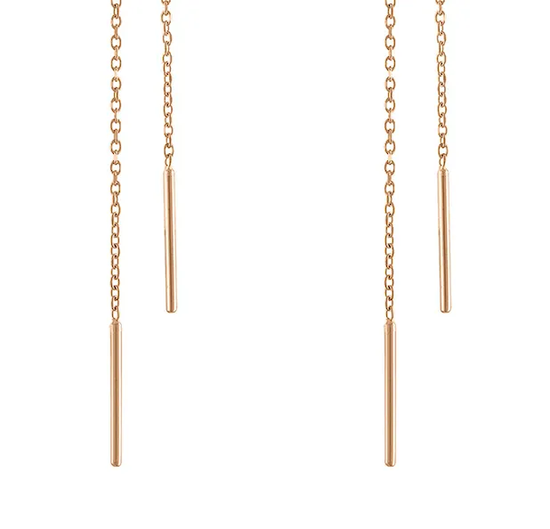 14K Rose Gold Threader Earrings, Solid Rose Gold Wire Threader Earrings, Rose Gold Chain Earrings
