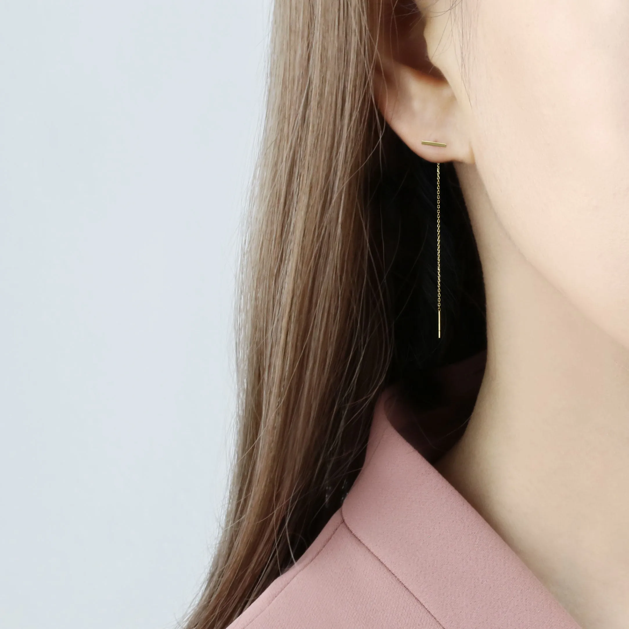 14k Solid Gold Bar Threader Earring