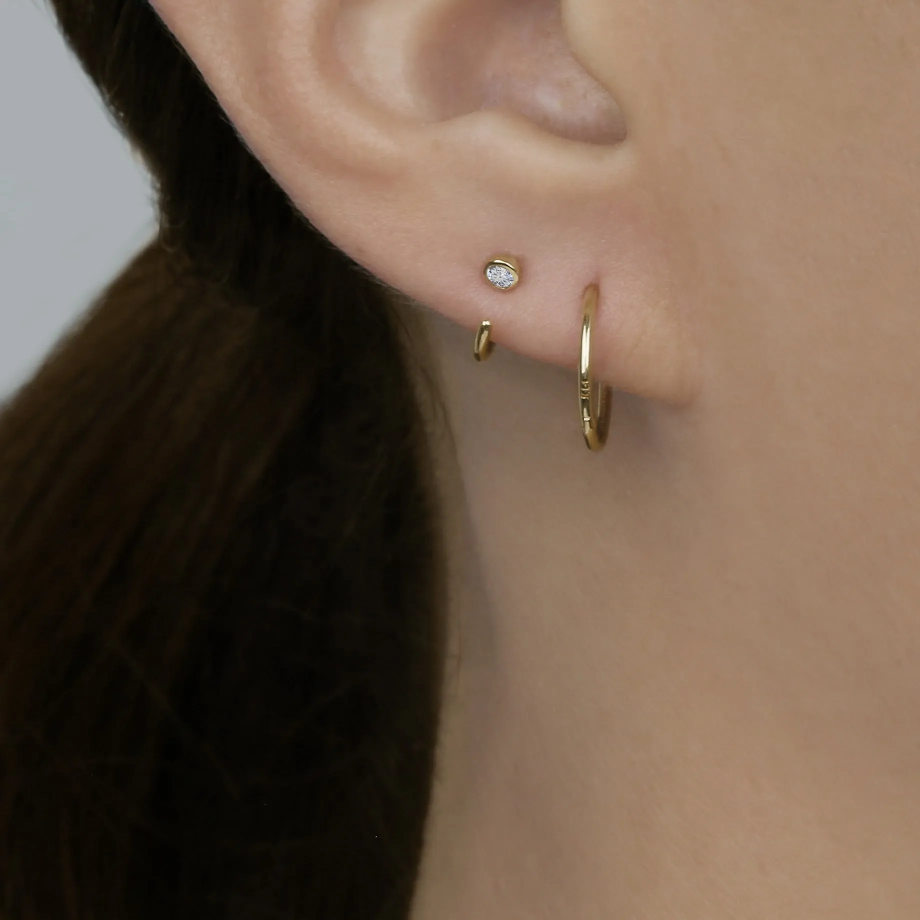14k Solid Gold CZ Threader Hoop Earring
