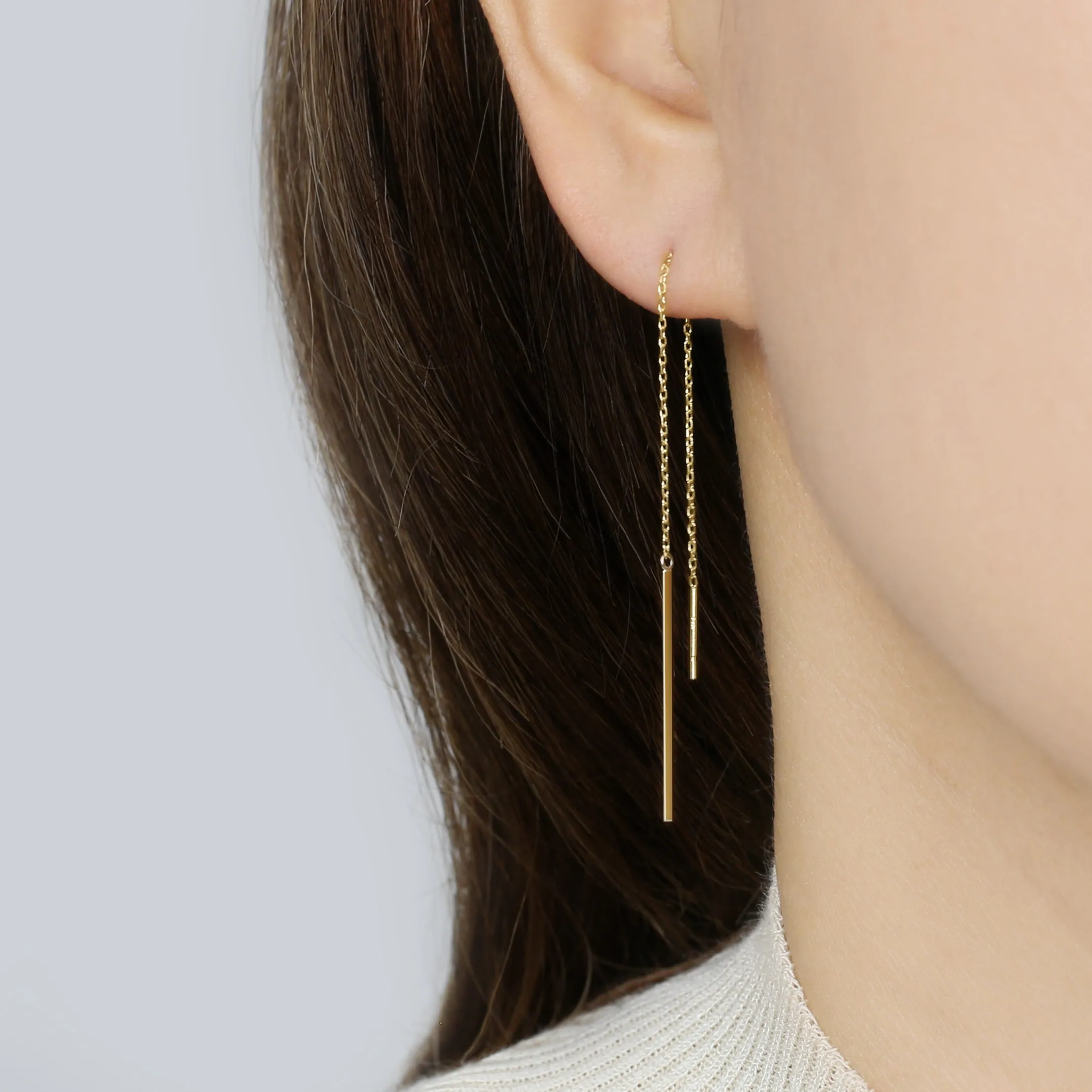 14k Solid Gold Flat Long Bar Threader Earring