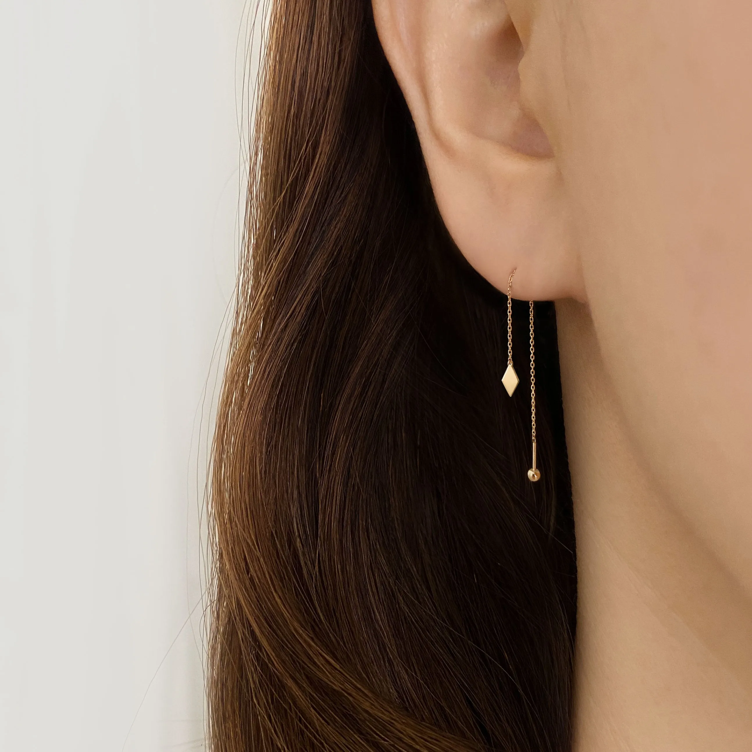 14k Solid Gold Flat Rhombus Chain Screw Ball Earring