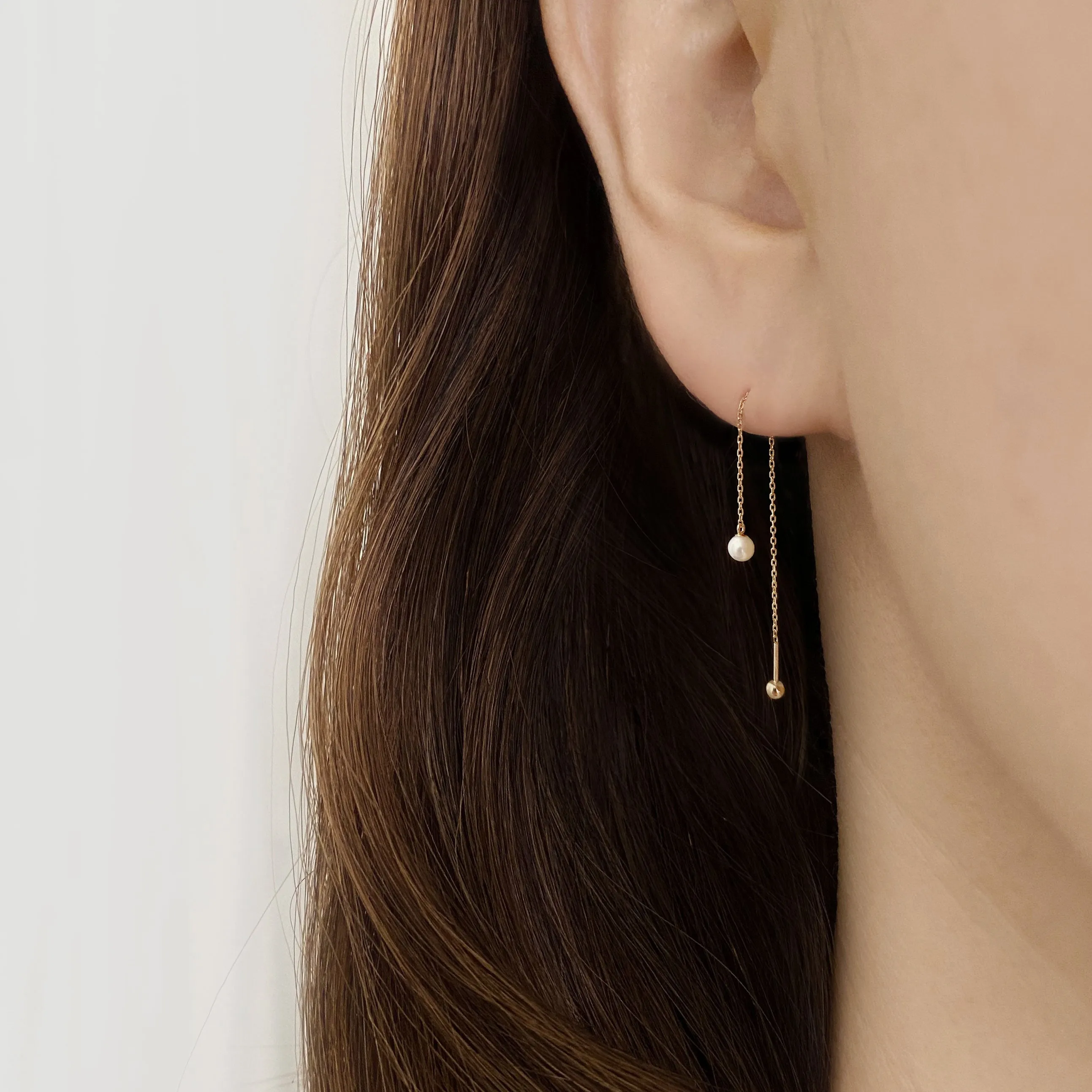 14k Solid Gold Pearl Chain Screw Ball Earring