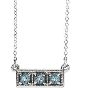 14K White Aquamarine Three-Stone Granulated Bar 16-18" Necklace