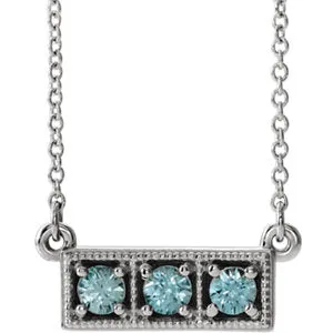 14K White Blue Zircon Three-Stone Granulated Bar 16-18" Necklace