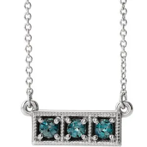 14K White Chatham® Created Alexandrite Three-Stone Granulated Bar 16-18" Necklace