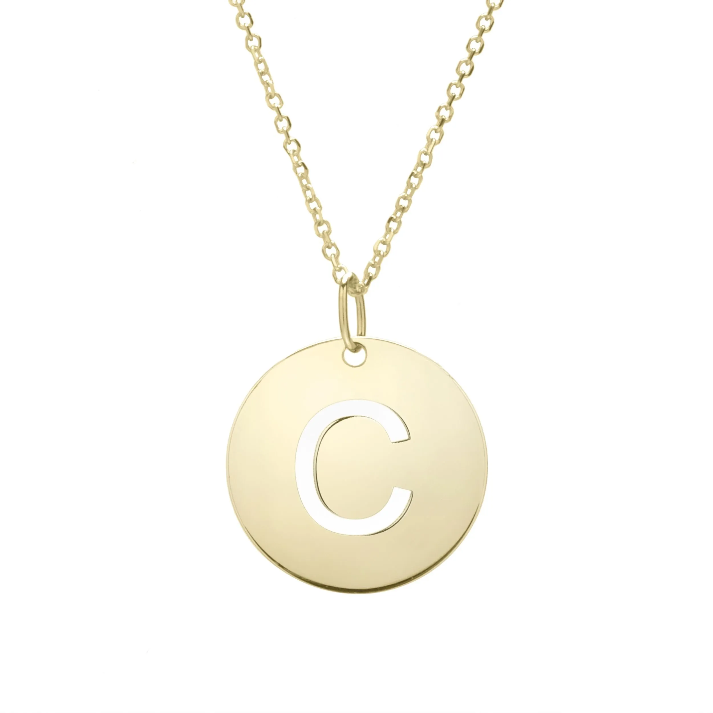 14K Yellow Gold Polished Cut Out Initial Disc Necklace