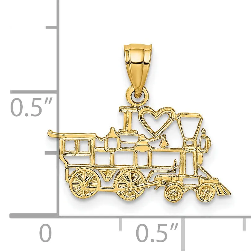 14k Yellow Gold Polished Textured Finish Cut Out Design I LOVE TRAINS Charm Pendant