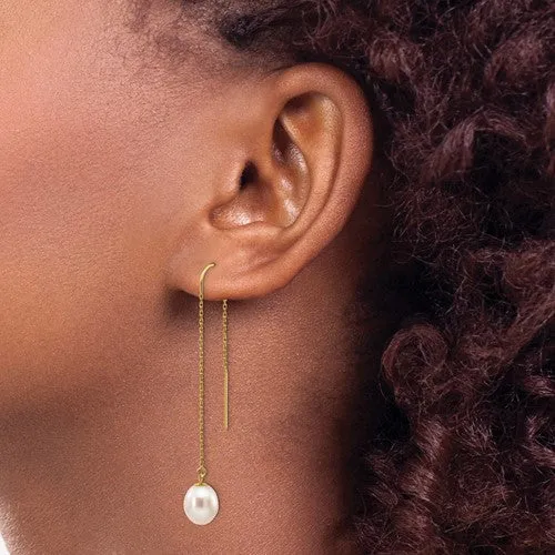 14k Yellow Gold White Freshwater Cultured Rice Pearl Dangle Threader Earrings