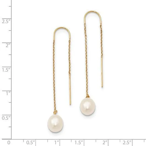 14k Yellow Gold White Freshwater Cultured Rice Pearl Dangle Threader Earrings