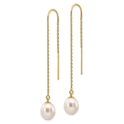 14k Yellow Gold White Freshwater Cultured Rice Pearl Dangle Threader Earrings