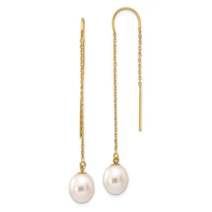 14k Yellow Gold White Freshwater Cultured Rice Pearl Dangle Threader Earrings
