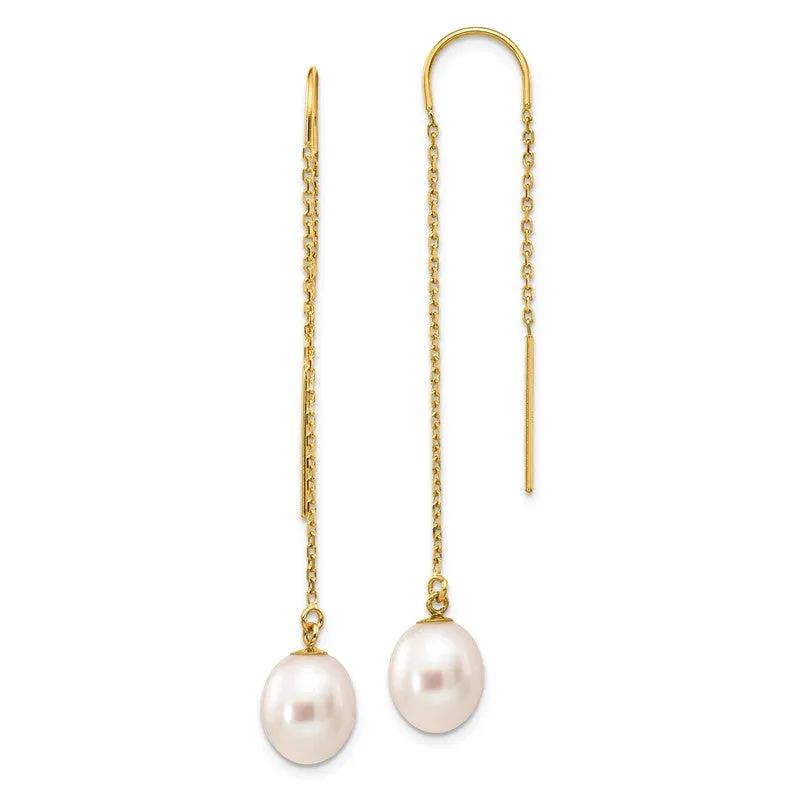 14k Yellow Gold White Freshwater Cultured Rice Pearl Dangle Threader Earrings
