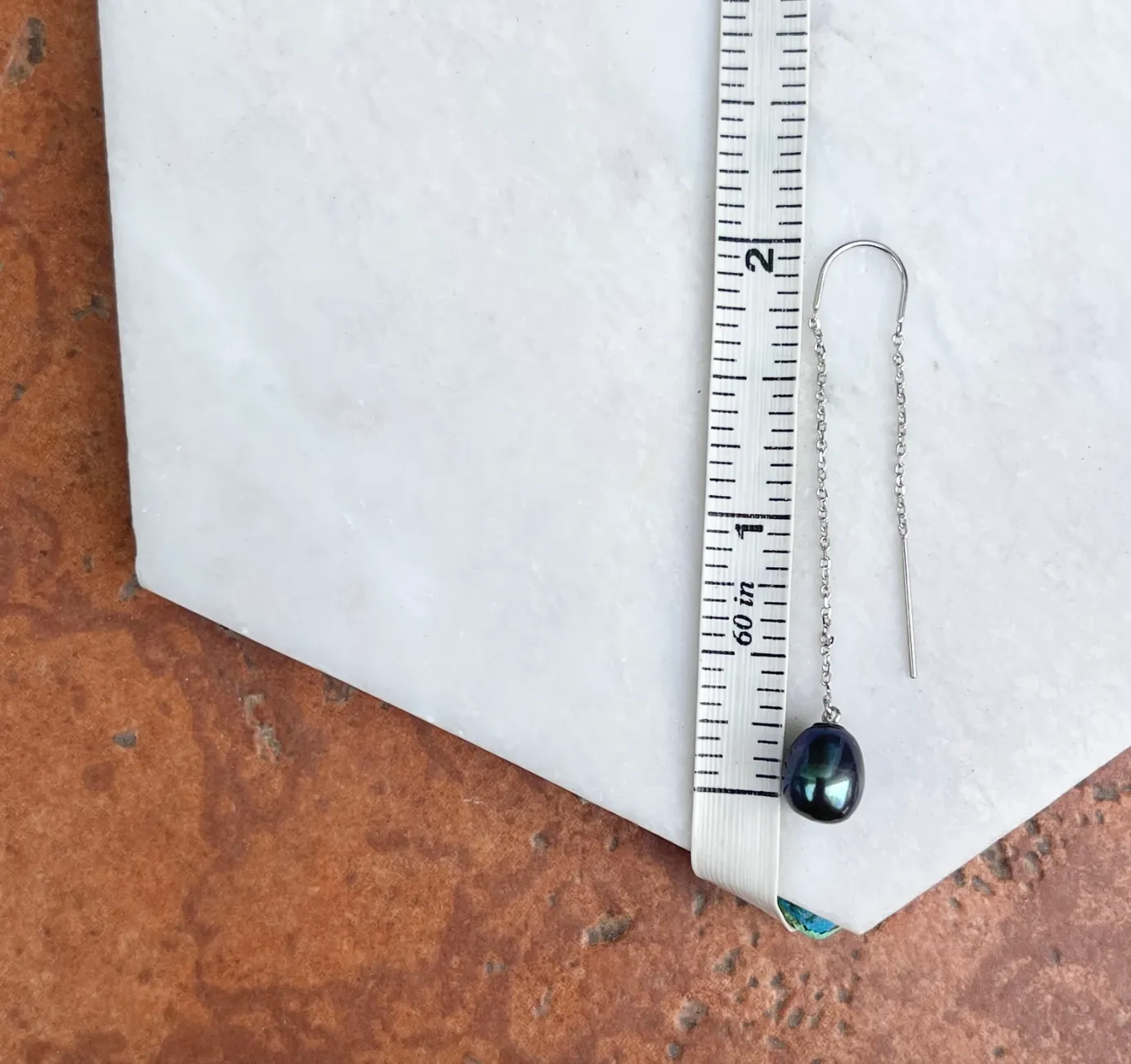 14KT White Gold Black Freshwater Pearl Chain Threader Earrings