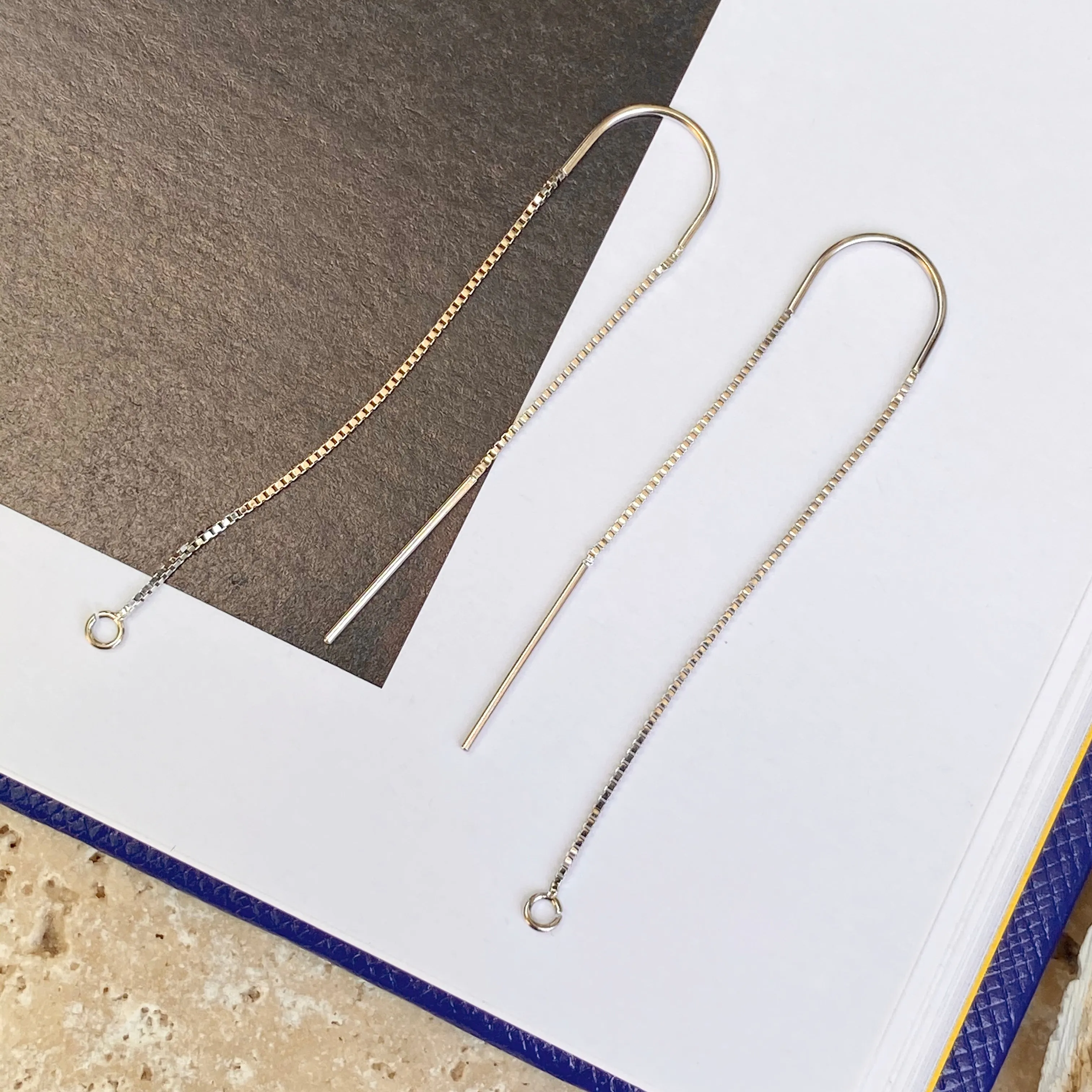 14KT White Gold Box Chain Threader Earrings with Open Ring