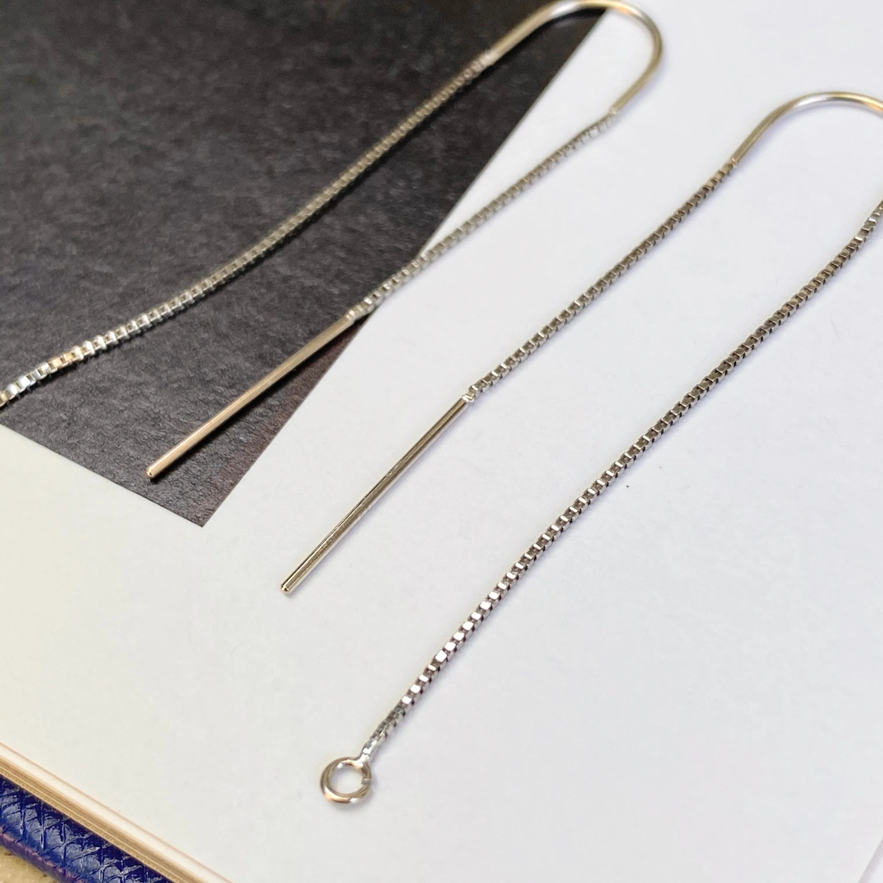14KT White Gold Box Chain Threader Earrings with Open Ring