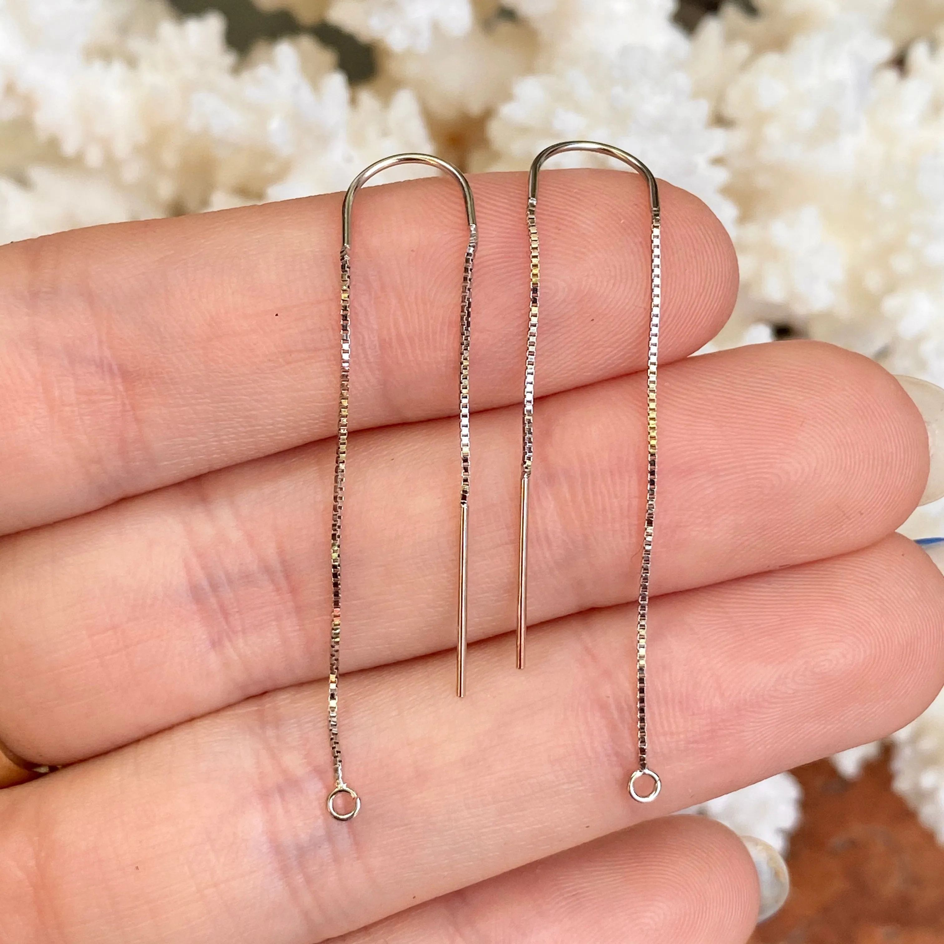 14KT White Gold Box Chain Threader Earrings with Open Ring