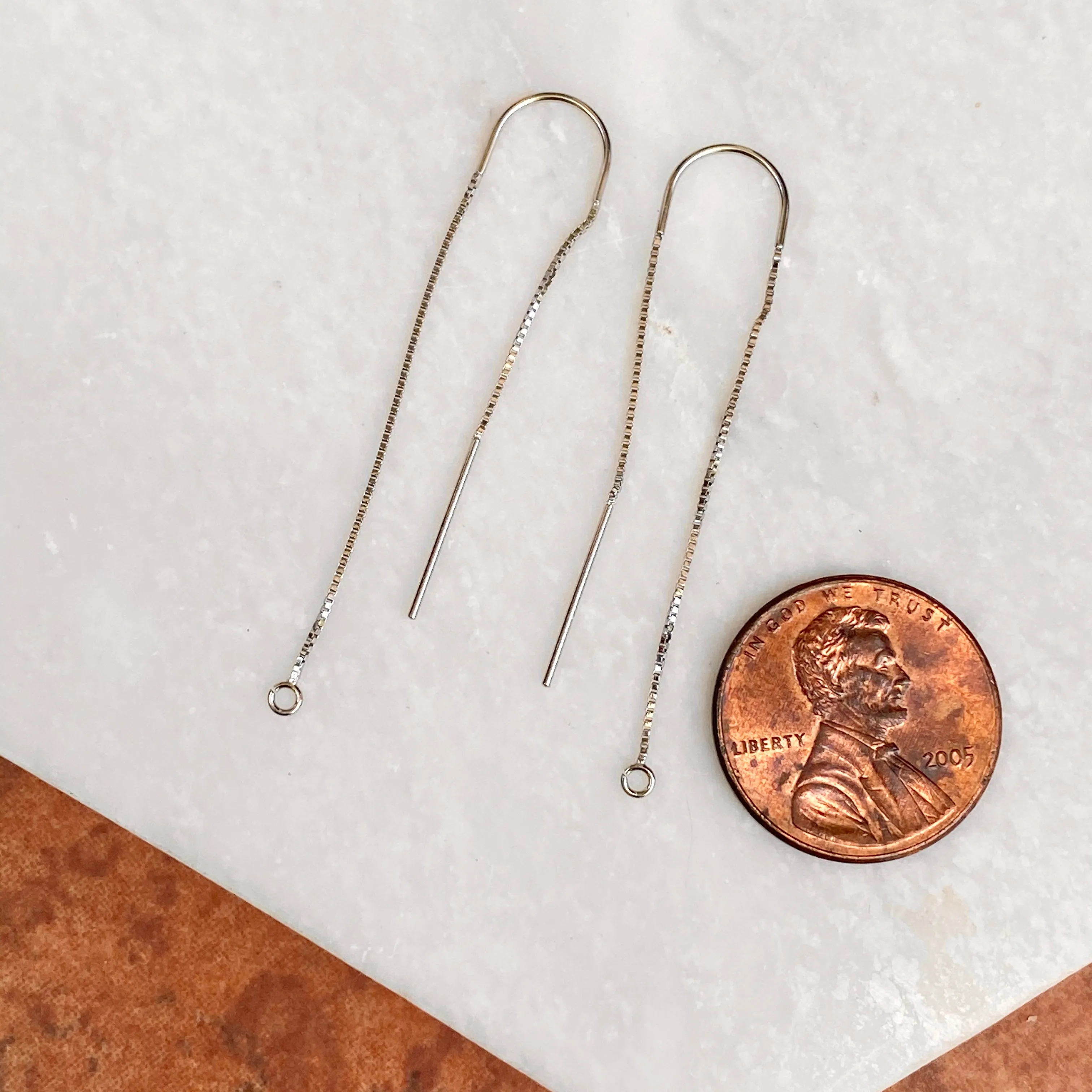 14KT White Gold Box Chain Threader Earrings with Open Ring