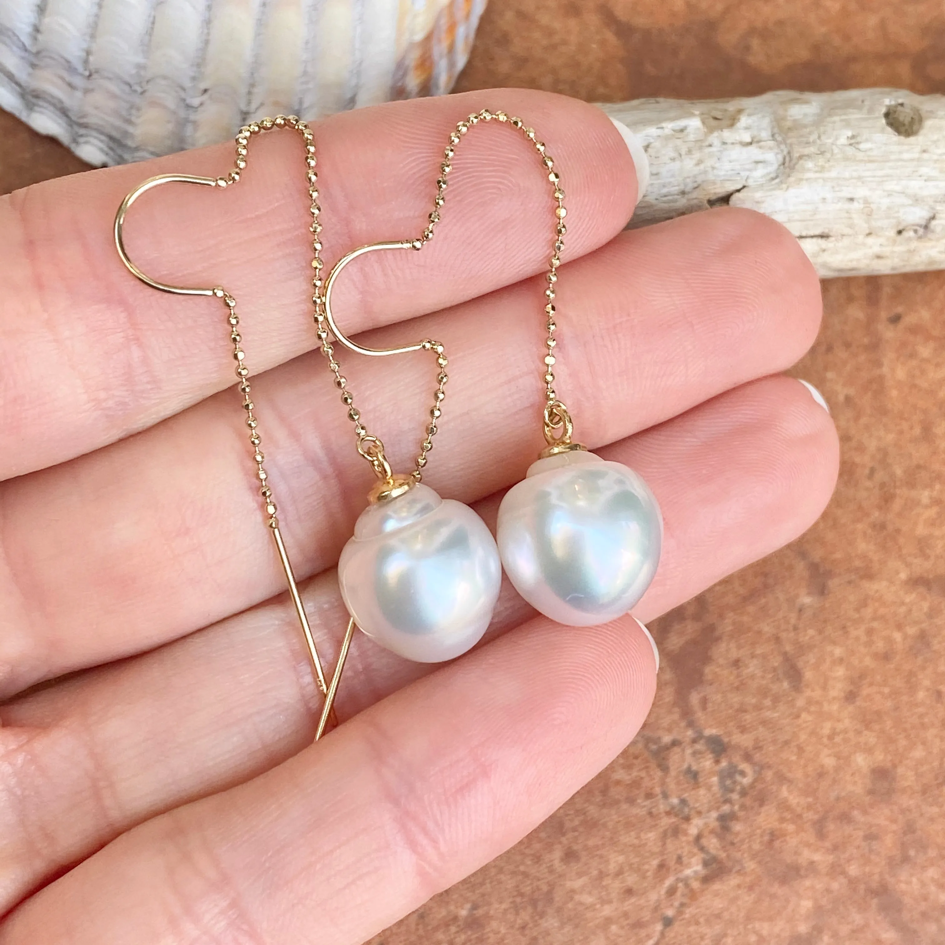 14KT Yellow Gold 12mm Paspaley Pearl Threader Curved Wire Ball Chain Earrings