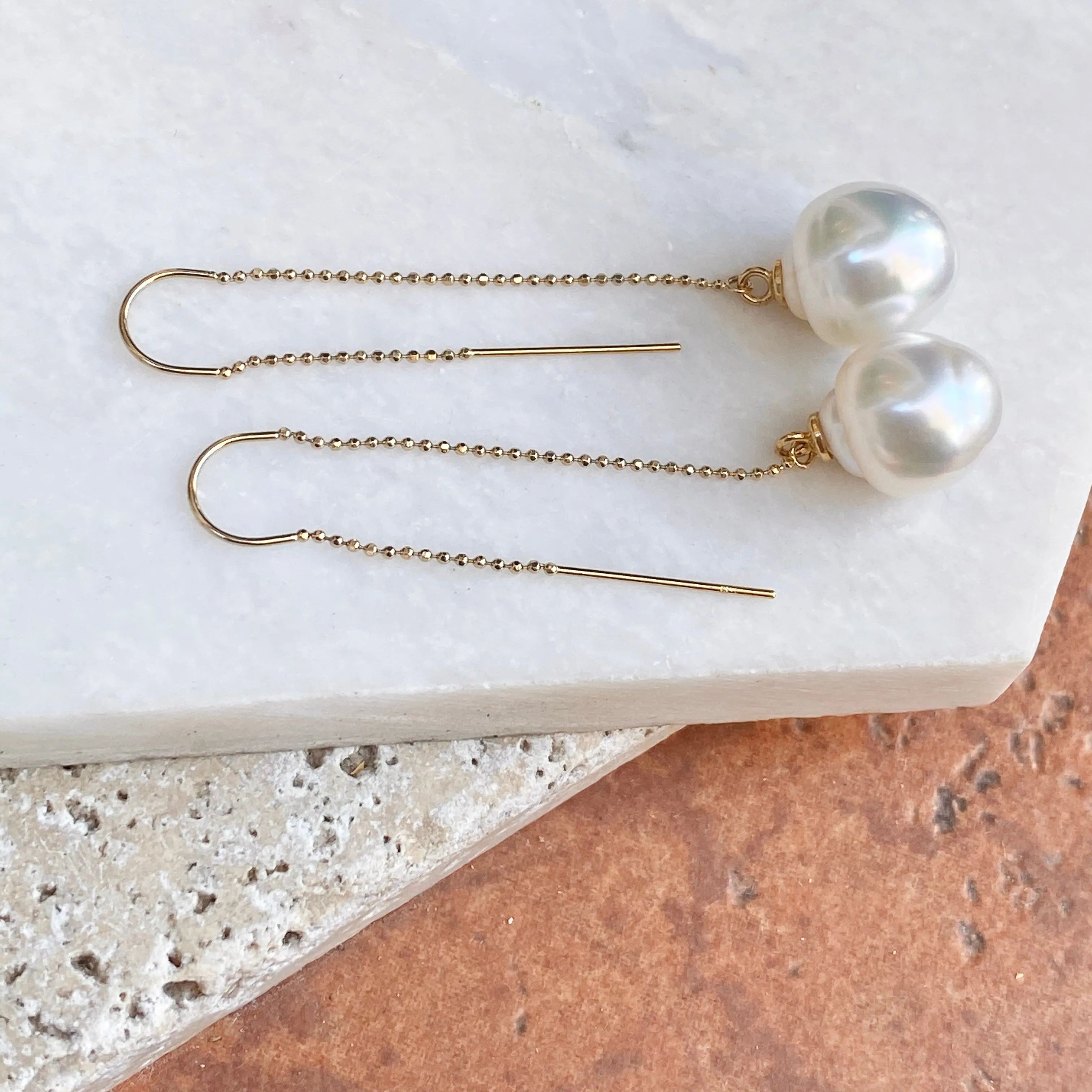 14KT Yellow Gold 12mm Paspaley Pearl Threader Curved Wire Ball Chain Earrings