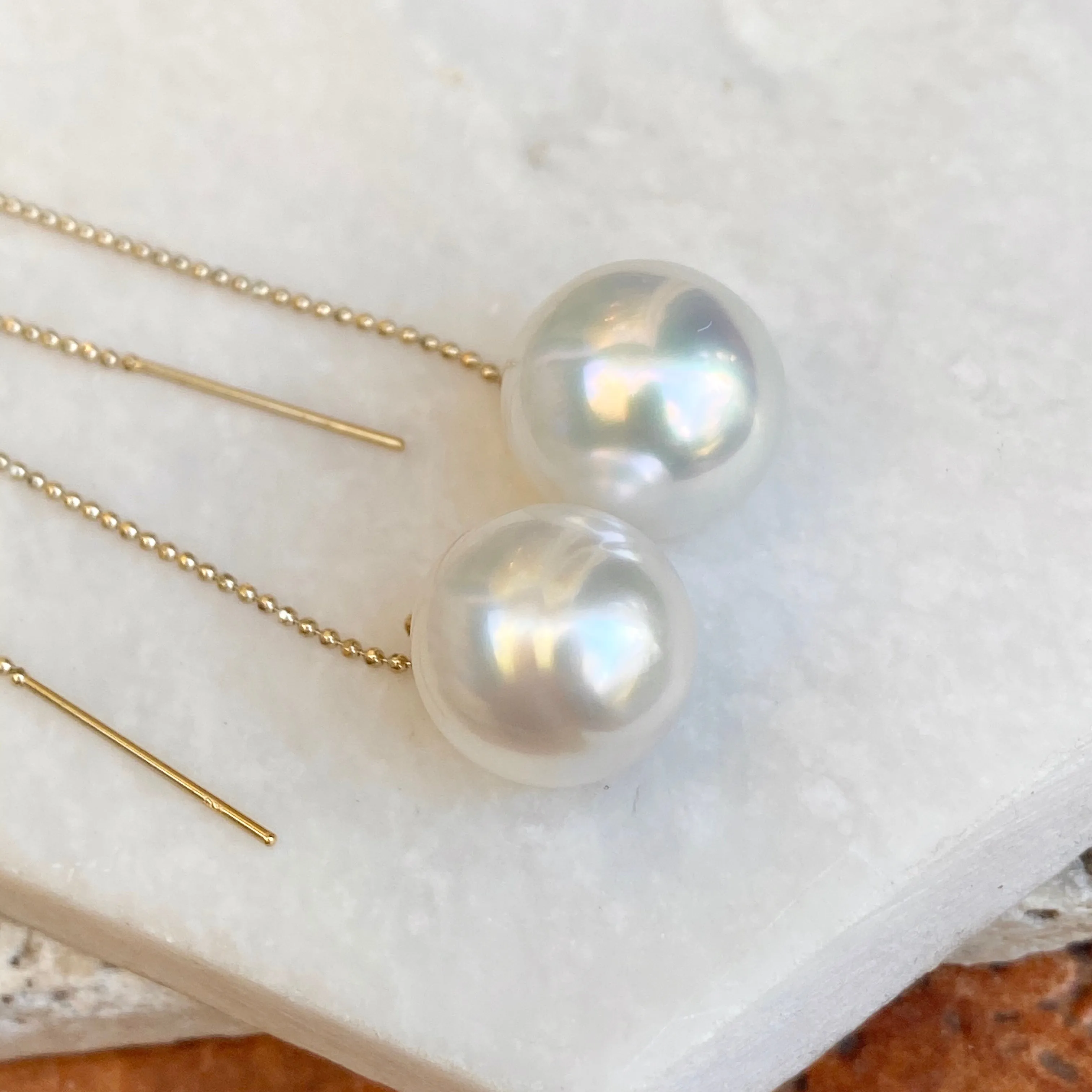 14KT Yellow Gold 12mm Paspaley Pearl Threader Curved Wire Ball Chain Earrings