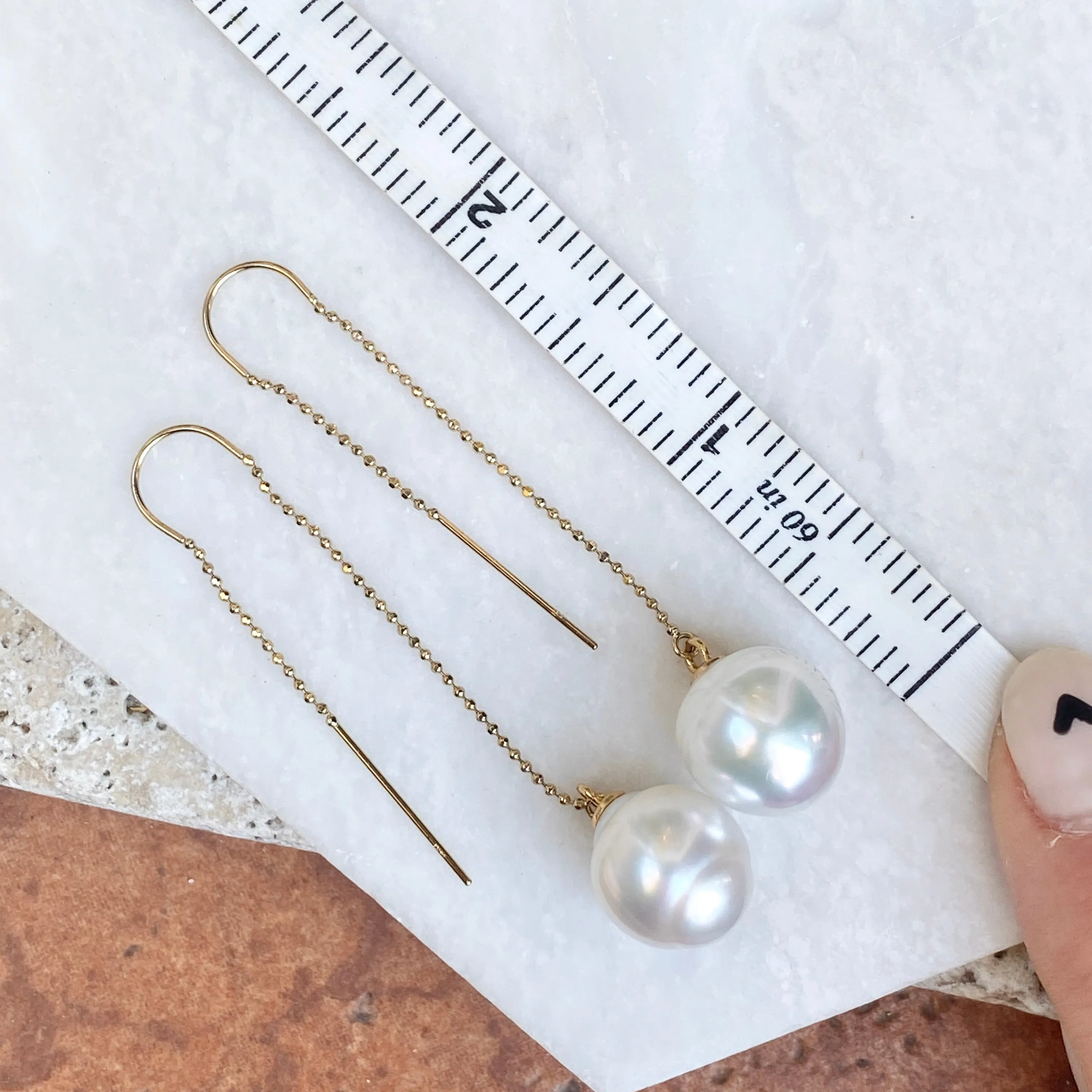 14KT Yellow Gold 12mm Paspaley Pearl Threader Curved Wire Ball Chain Earrings