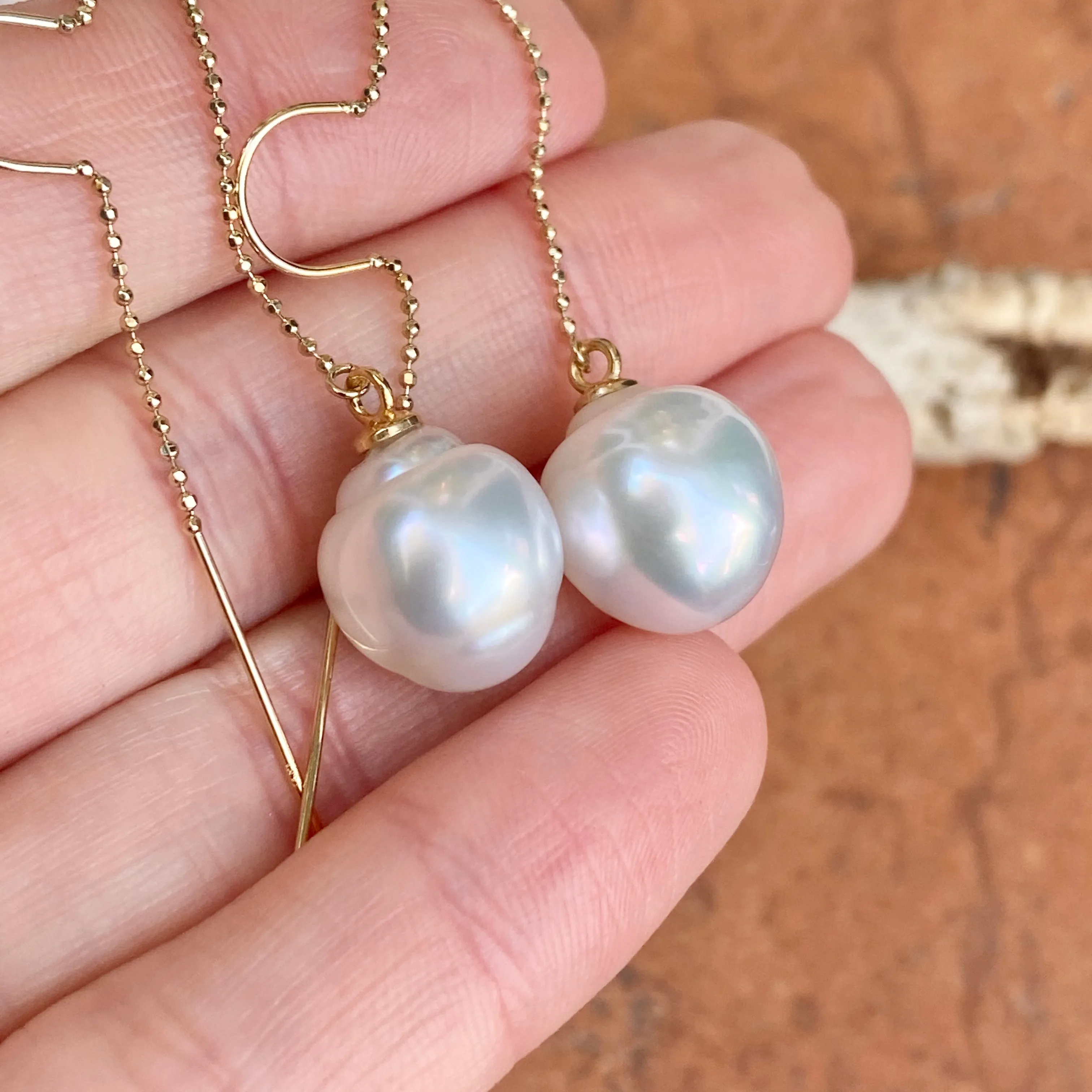 14KT Yellow Gold 12mm Paspaley Pearl Threader Curved Wire Ball Chain Earrings