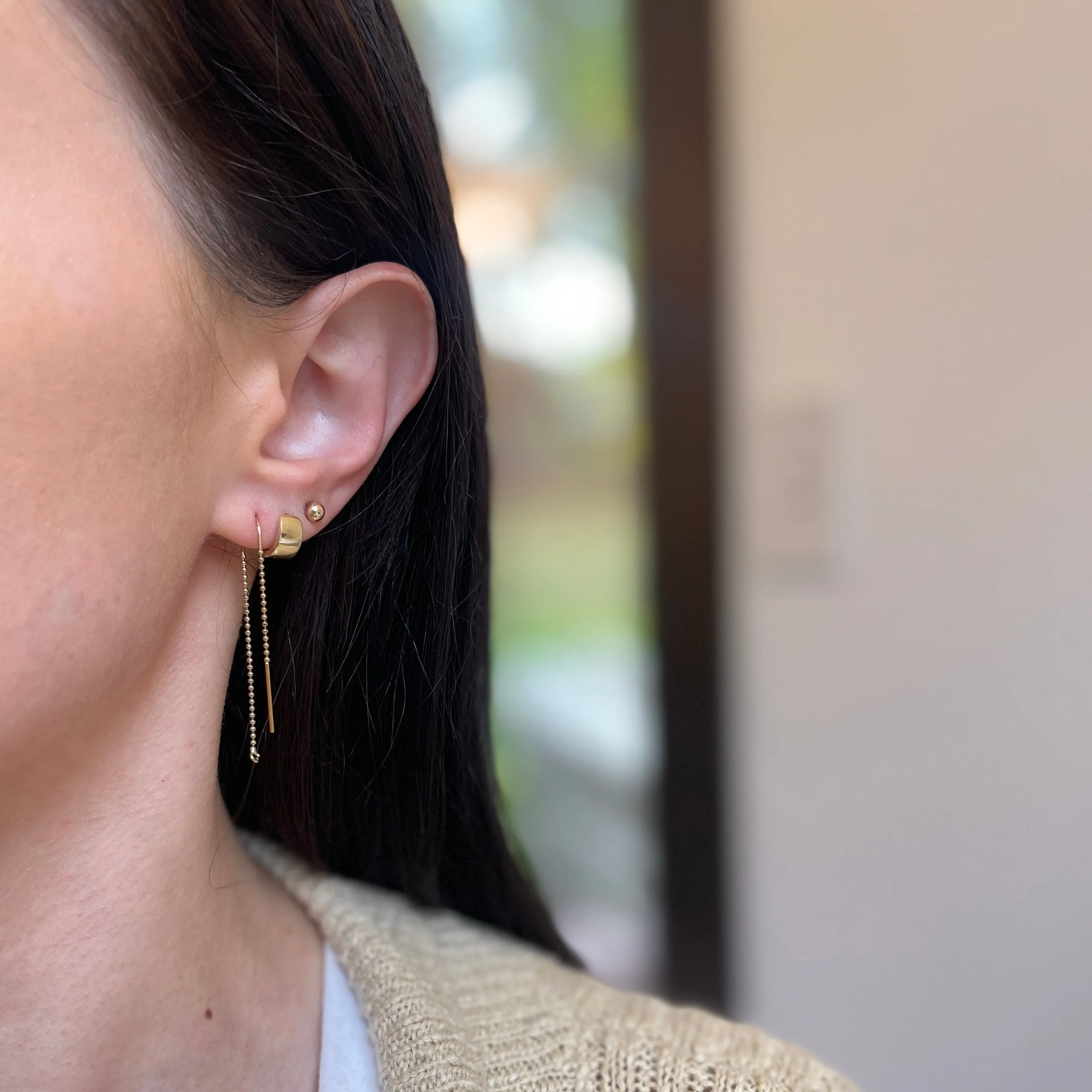 14KT Yellow Gold Ball Chain Threader Ring Earrings