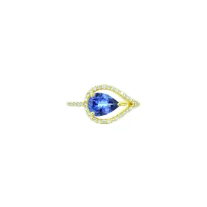 18 Karat Yellow Gold open ring with Pear shape Tanzanite and diamonds