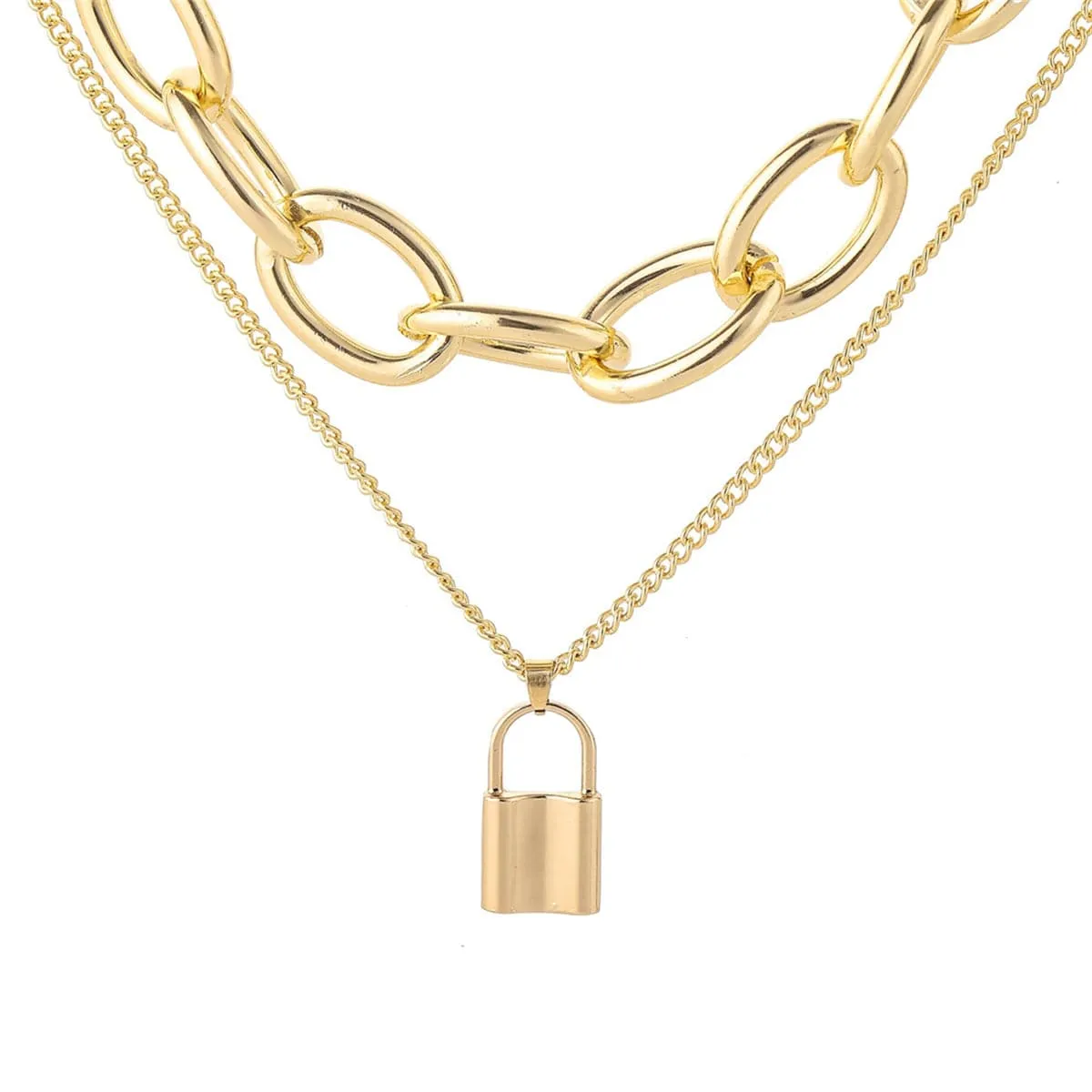 18K Gold-Plated Cable Chain Lock Pendant Layered Necklace