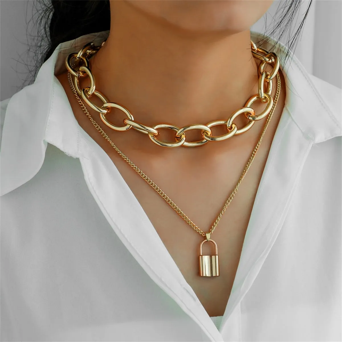 18K Gold-Plated Cable Chain Lock Pendant Layered Necklace